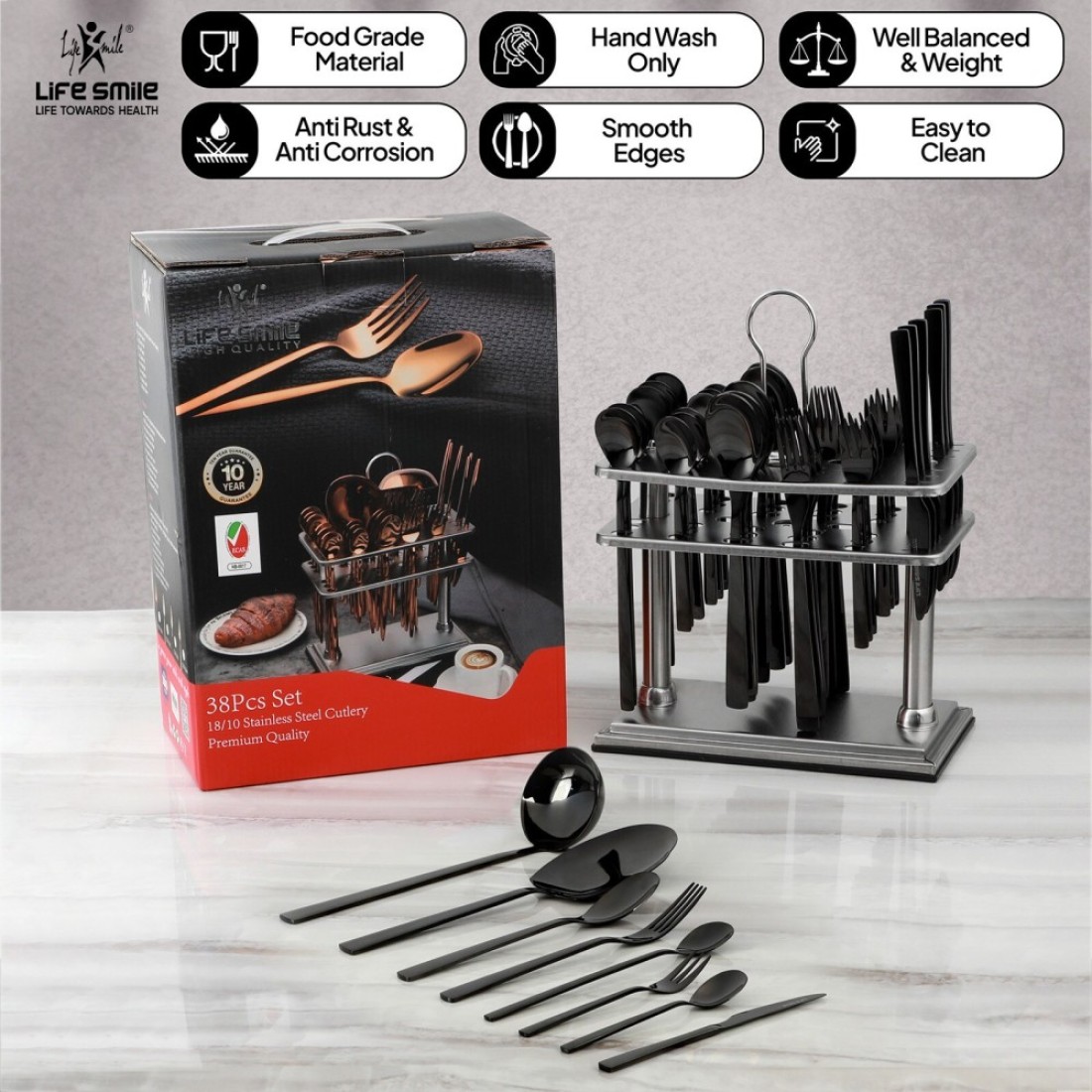 LIFE SMILE Cutlery Set, 18/10 Pure Stainless Steel Flatware Set with Stand, Rust Proof &amp; Fade Proof Dinnerware Set (SHINE BLACK, 38 Pieces)