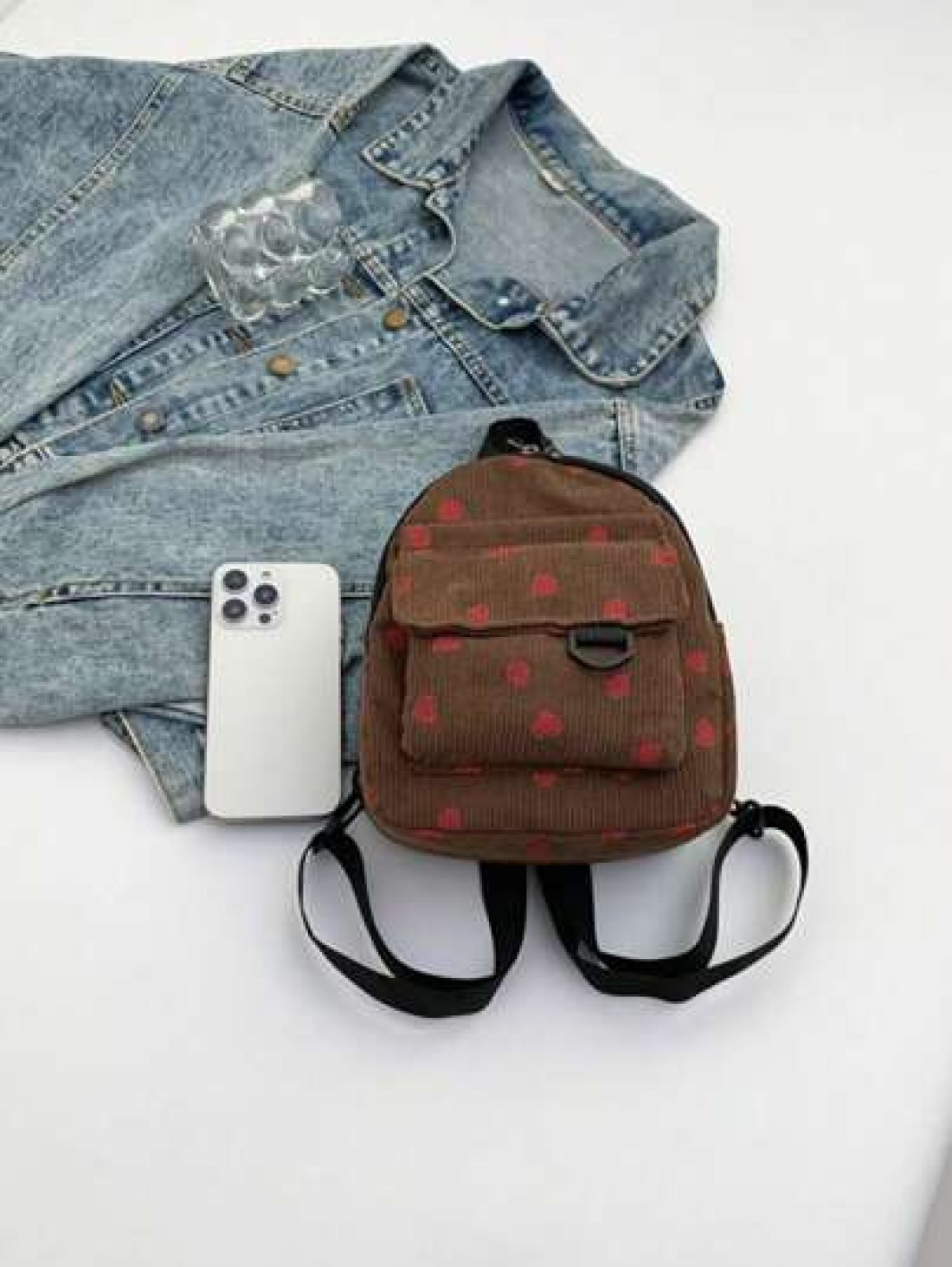 1 Piece Closed Fashionable Japanese Corduroy Stripes Small Fresh College Style Strawberry Pattern Backpack Korean Harajuku Print Small Backpack Suitable For All Occasions Comfortable And Adjustable Sh