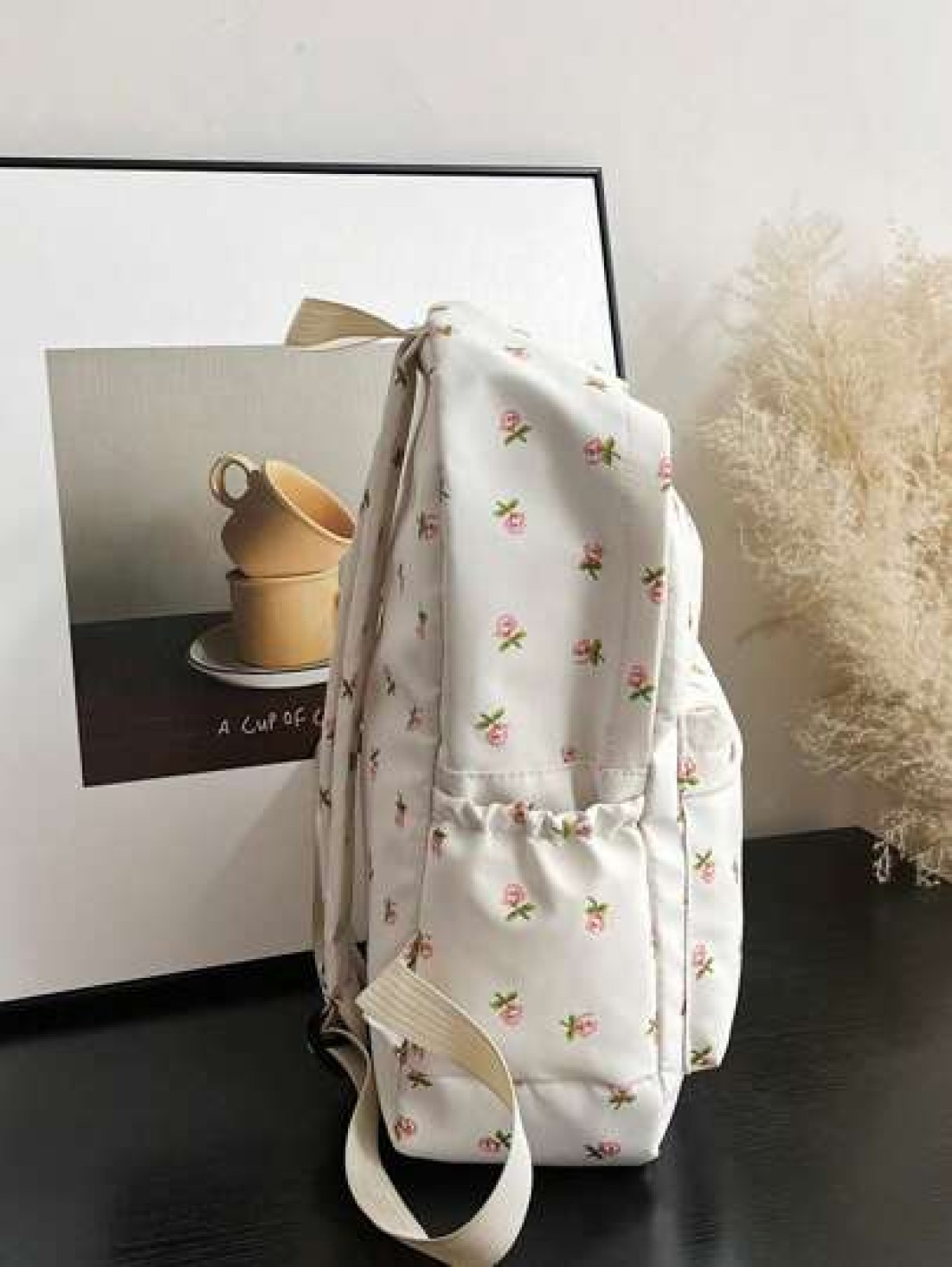 1pc White Nylon Floral Print Dual Zipper Large Capacity Fashionable Versatile Backpack Student Bag