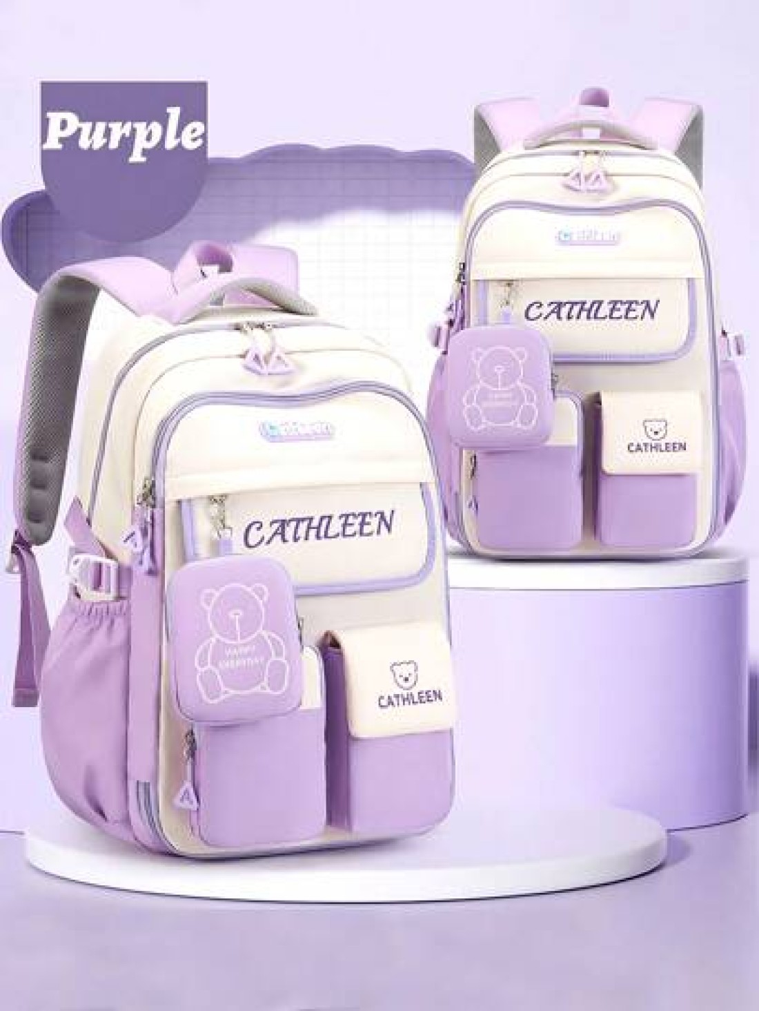 1pc Large Capacity Multi Pocket School Backpack For Girls Cartoon Bear Purple Backpack Outdoor Travel Bag With Coin Pocket Padded Shoulder Strap Fashion Versatile Polyester Suitable For Teenage Girls