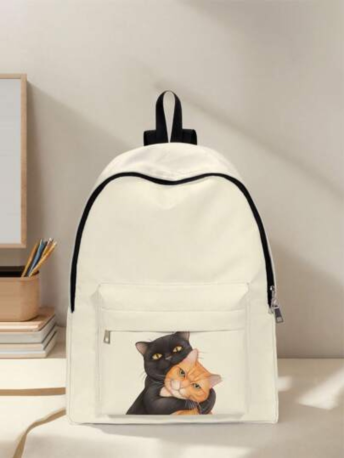 1pc Cute Cat Printed Pocket Backpack Zipper Closure Pocketed Casual Backpack Stylish For Boys And Girls Suitable For School And Outdoor Activities