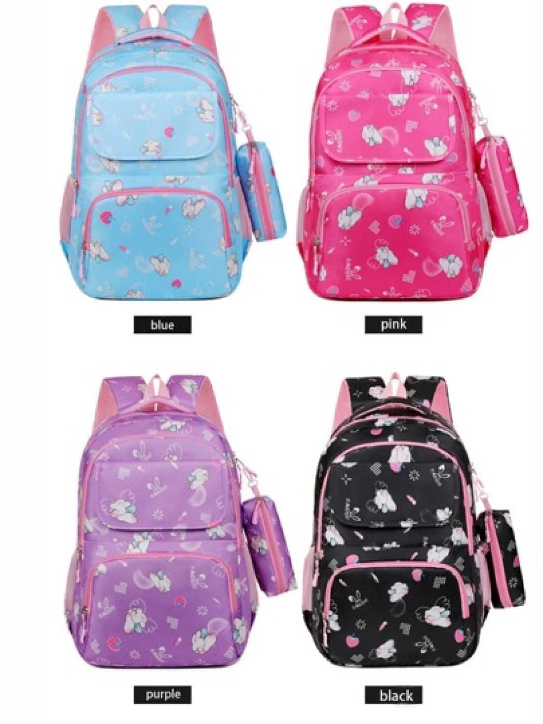Girls Cute Double Shoulder Bags With Pen Pockets Featuring Rabbit Pattern Accents Commuting And Leisure Backpacks Available In Four Colors Black Blue Pink And Purple Adjustable Straps Large Capacity Z