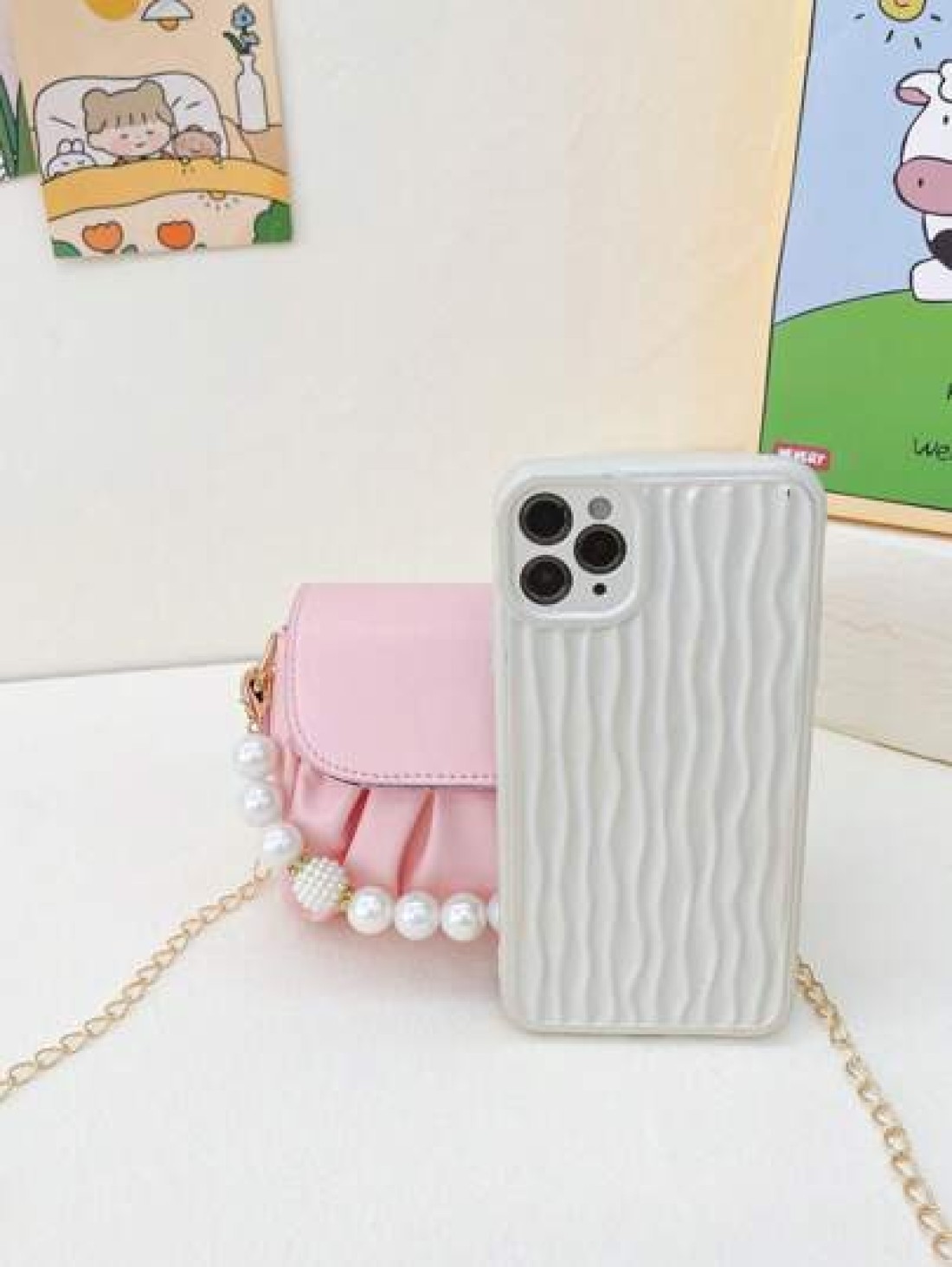 1pc Fashionable Sweet Pearl Chain Shoulder Messenger Bag Fashionable Pleated Underarm Bag Korean Version Of Hand Held Cute Girl Bag Pu Pleated Design Pearl Handbag High Grade Solid Matching Suitable F