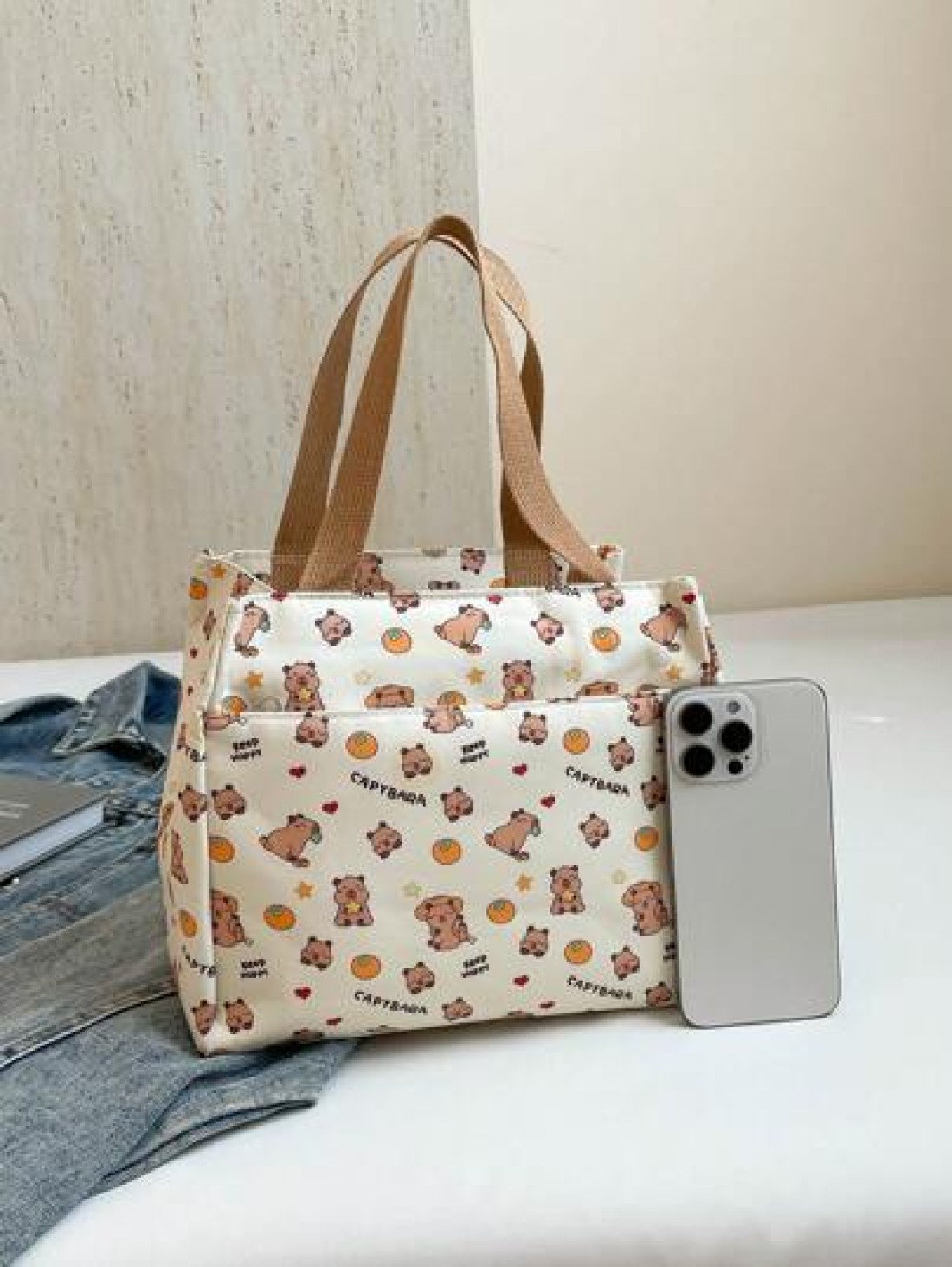 1pc Cute Capybara Printed Nylon Bag Ins Large Capacity Handbag Niche Versatile Shopping Bag Lunch Bag Lunch Box Bag Hand Held Lunch Bag Handbag Smooth Zipper Suitable For Going Out Shopping Daily Use