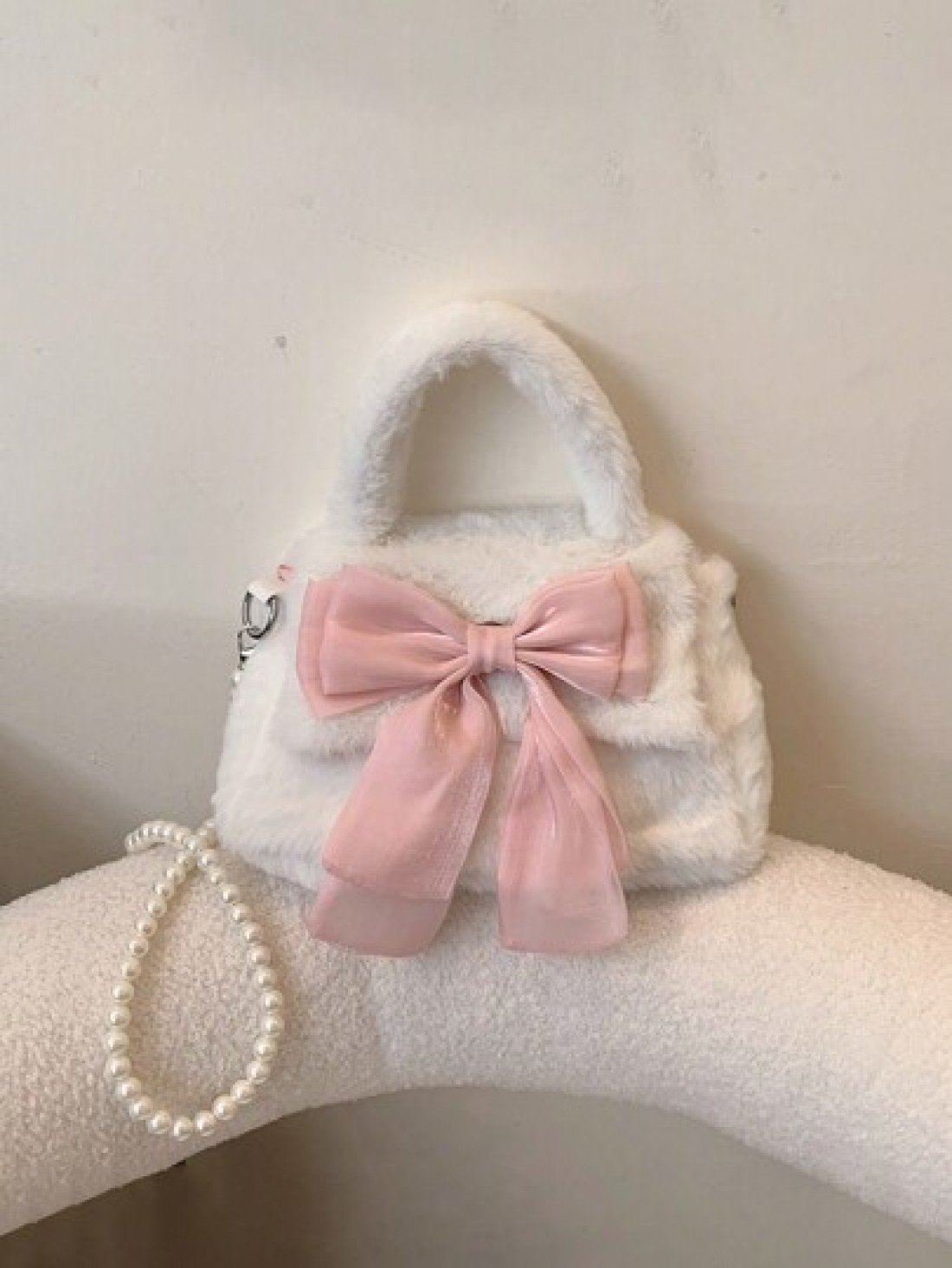 1 Pc Cute Mini Kids Pink Big Bow Soft Plush Handbag Fall Winter Pearl Shoulder Strap Crossbody Bag Lightweight Square Bags For Girls Students For Festivals Vacation Holiday Fashion Accessory