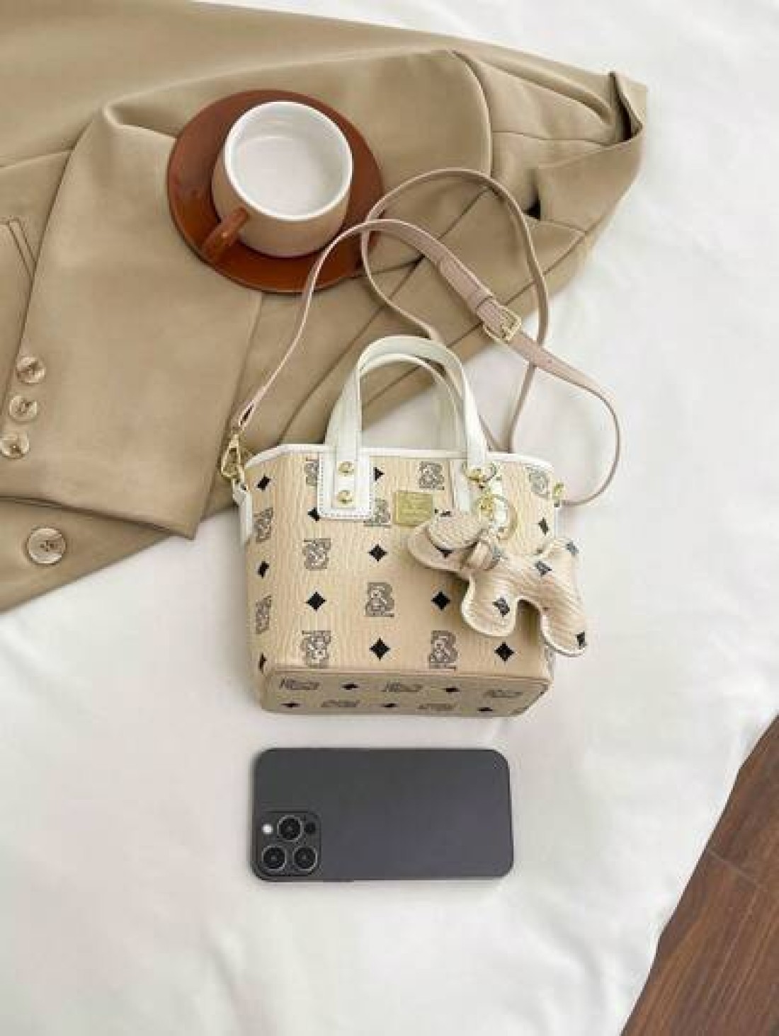 1PC Handbag Fashion Texture Letter Cute Cartoon Bear Print Popular Bucket Bag Korean Small Bag Multifunctional One Shoulder Crossbody Girl s Bag Suitable For Teenagers Going Out For Camping Travel Use