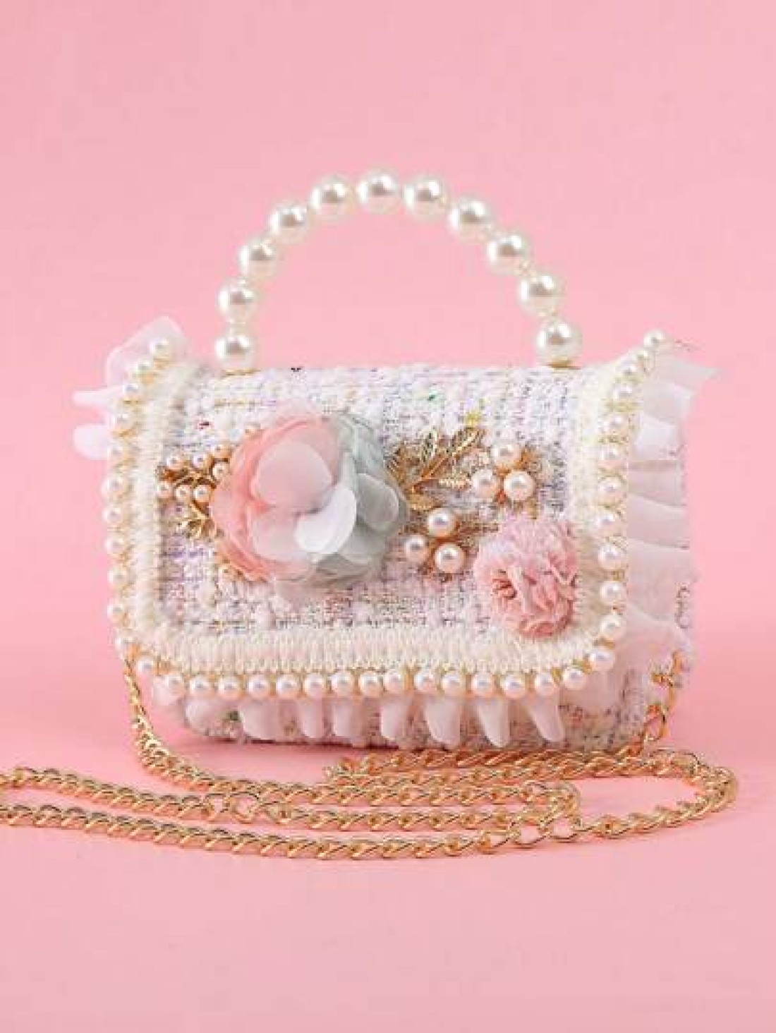 1pc Girls Ruffle Flower Leaf Metal Decor Pearl Sticker PU Wool Felt Multi Function Chain Closure Casual Beaded Handbag Children Princess One Shoulder Crossbody Bag Suitable For Holidays And Daily Use