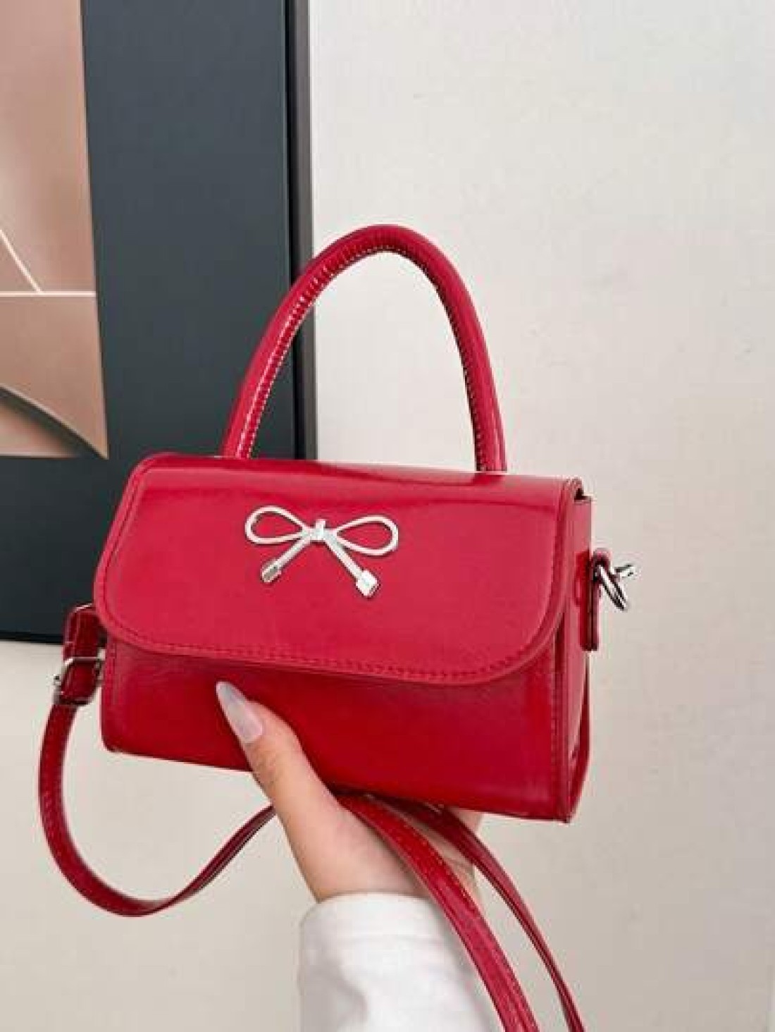 1pc Gentle And Sweet Bow Fashion Handbag Versatile Ins Shoulder Crossbody Bag Stylish And Gentle Small Square Bag With Bow Decoration Pu Material Magnetic Buckle Closure Crossbody Bag High End Solid C
