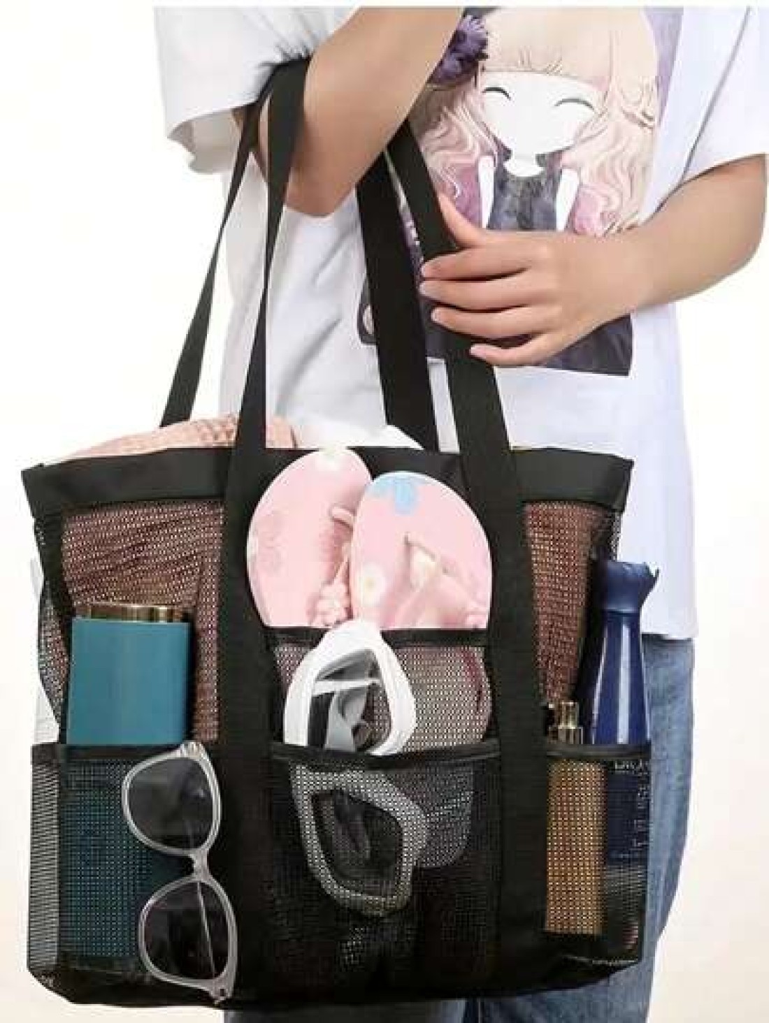 1pc Beach Bag Large Capacity Toy Mesh Swimming Bag Wash Shoulder Backpack Outdoor Multi Functional Travel Hand Held Shoulder Beach Bag Swimsuit Storage