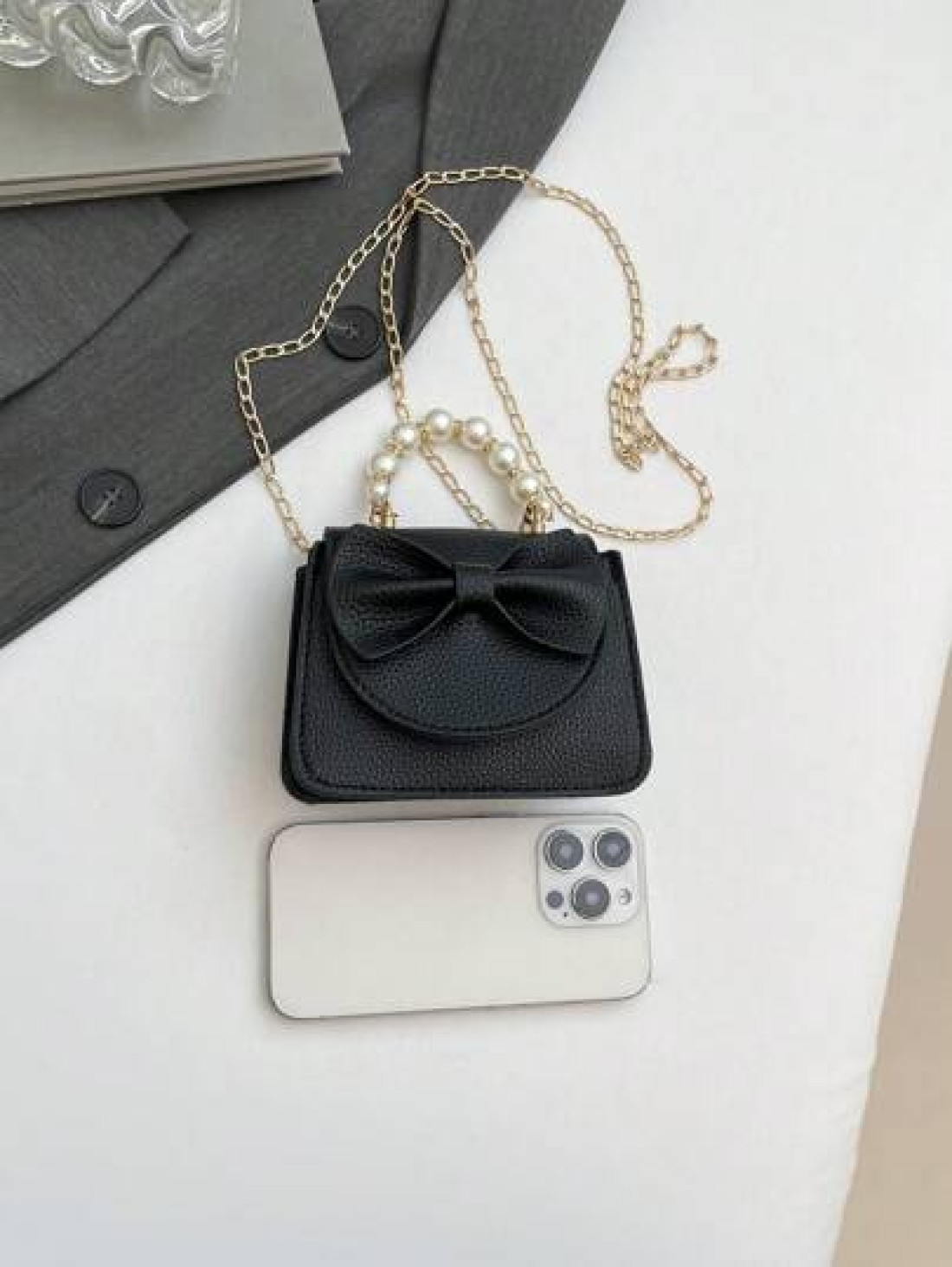1 Piece Pu Magnet Closure Fashion Sweet Lychee Pattern Faux Pearl Bow Handbag Niche Design Highly Attractive Chain Mini Shoulder Crossbody Change Lipstick Bag Suitable For Teenagers Travel Shopping Pa