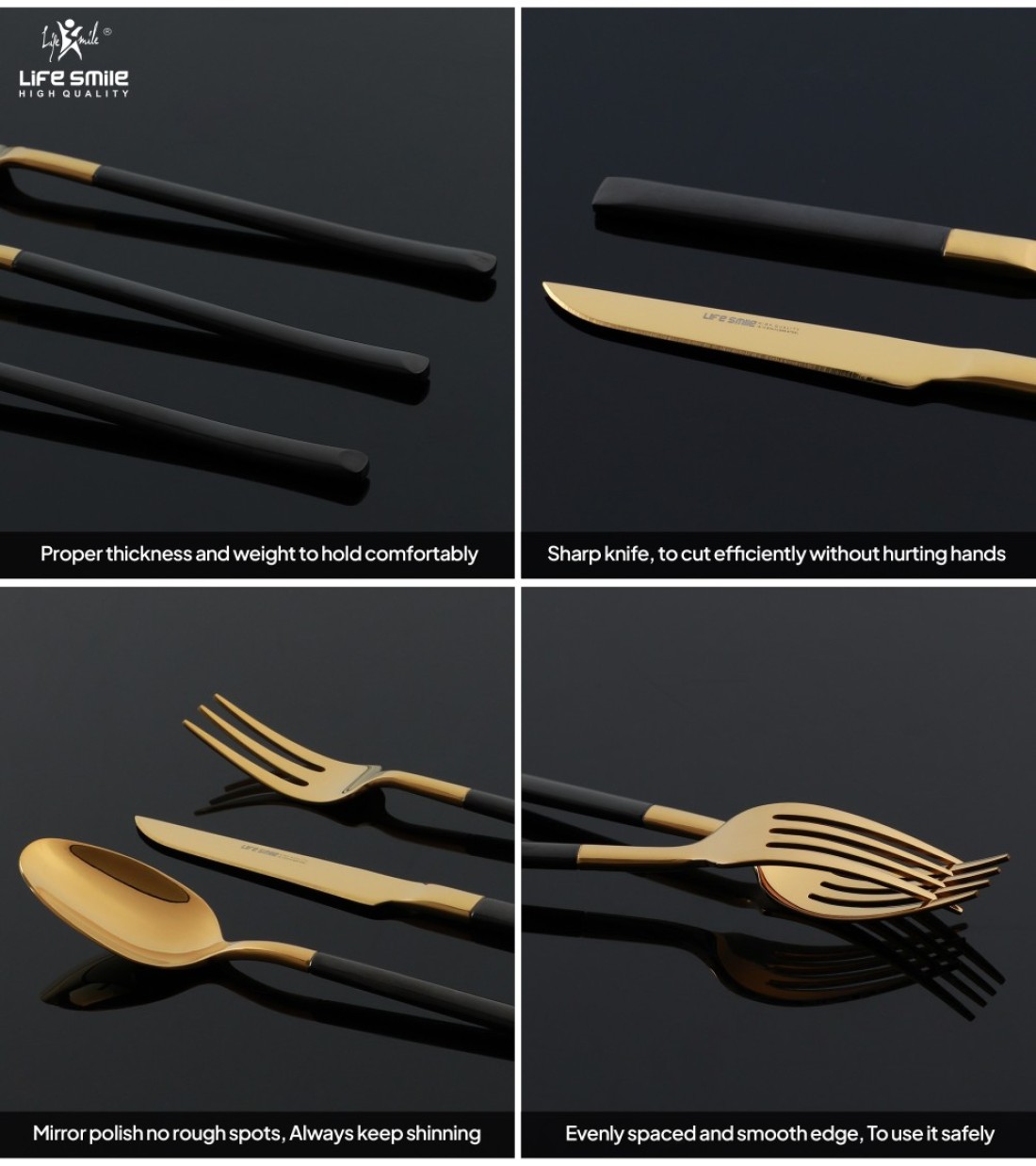 LIFE SMILE Cutlery Set, 18/10 Pure Stainless Steel Flatware Set with Stand, Rust Proof &amp; Fade Proof Dinnerware Set (SHINY GOLD HEAD &amp; SHINY BLACK HANDLE, 38 Pieces)