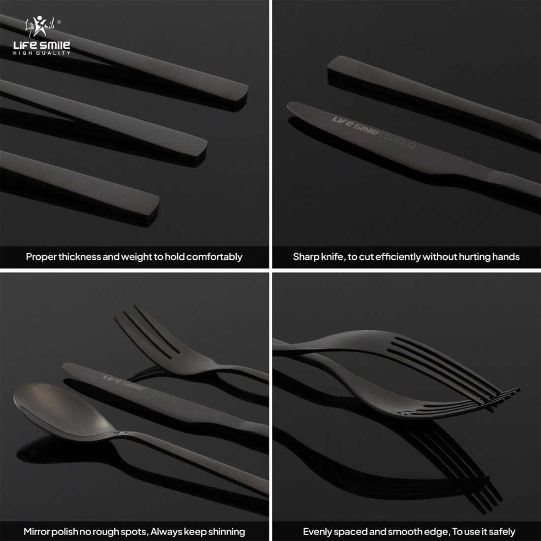 LIFE SMILE Cutlery Set, 18/10 Pure Stainless Steel Flatware Set with Stand, Rust Proof &amp; Fade Proof Dinnerware Set (SHINE BLACK, 38 Pieces)