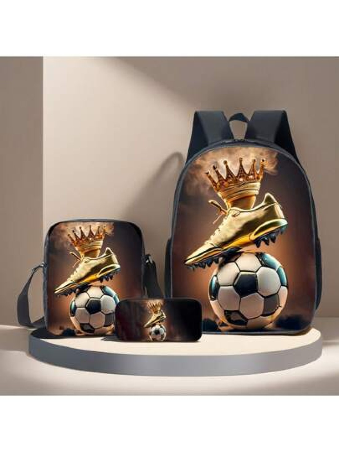 3pcs Set Soccer Themed 3D Printed Backpack Crossbody Bag Pencil Case 16 Inch Schoolbag Outdoor Travel Bag