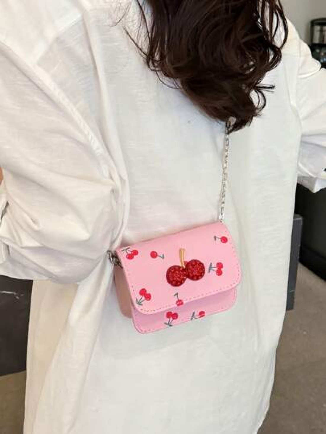 Fresh Cherry Print Mini Small Bag Foreign New Summer Cute Sweet Mini Lipstick Bag Chain Crossbody Headphone Bag Shoulder Bag Korean Fashion Crossbody Bag