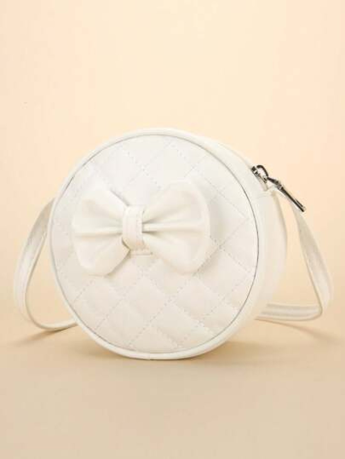 1pc Girl s White PU Shoulder Bag Fashionable Cute Bow Design Small Round Bag With Rhombus Embroidery Fits For Phone And Coins Zippered Closure Suitable For All Seasons