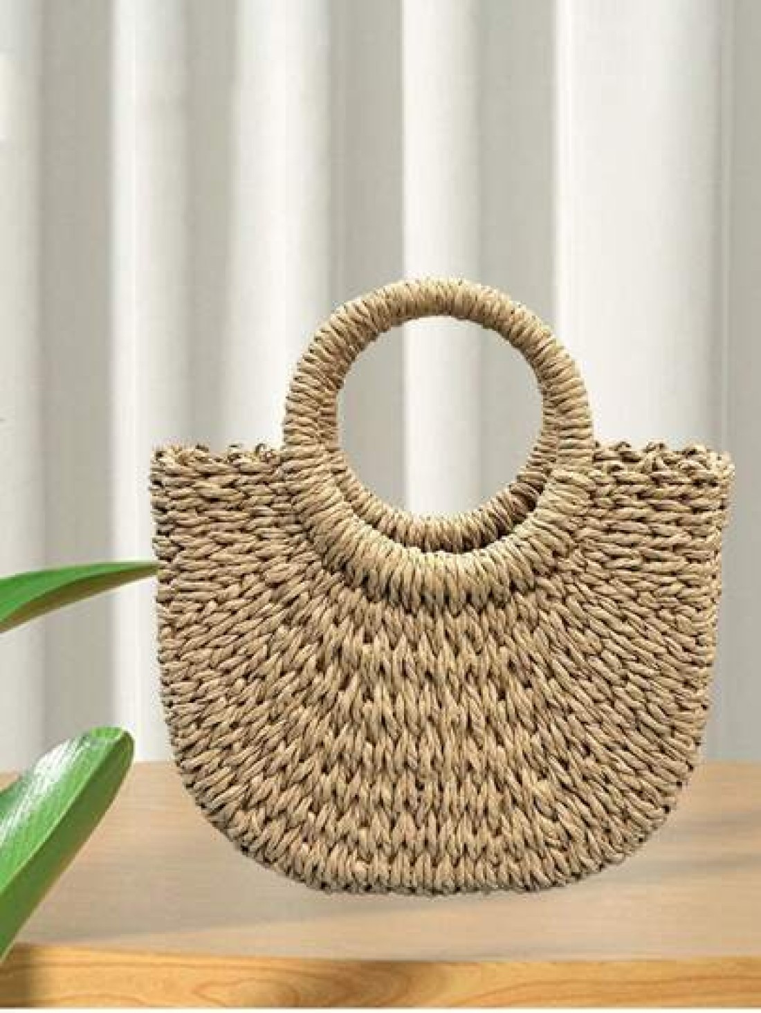 1pc Straw Bag With Faux Flower Half Moon Shaped Women Handbag Woven Crossbody Small Bag Beach Bag