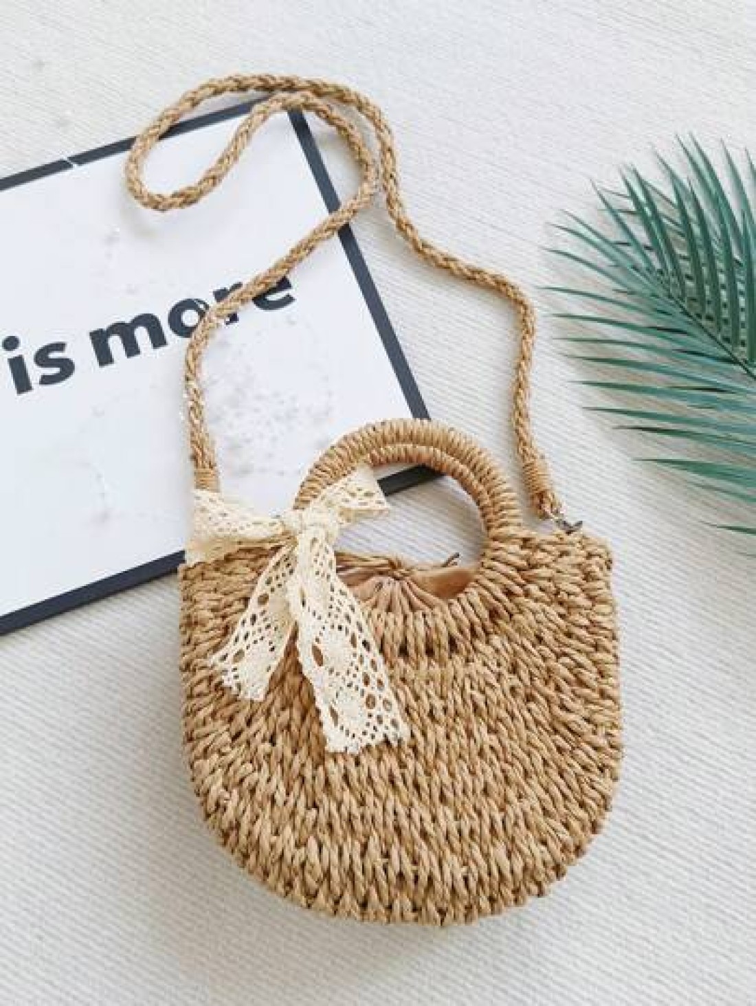 1pc Girls Beach Style Handbag Casual One Shoulder Crossbody Drawstring Top Tote Handmade Woven Butterfly Decor Straw Bag