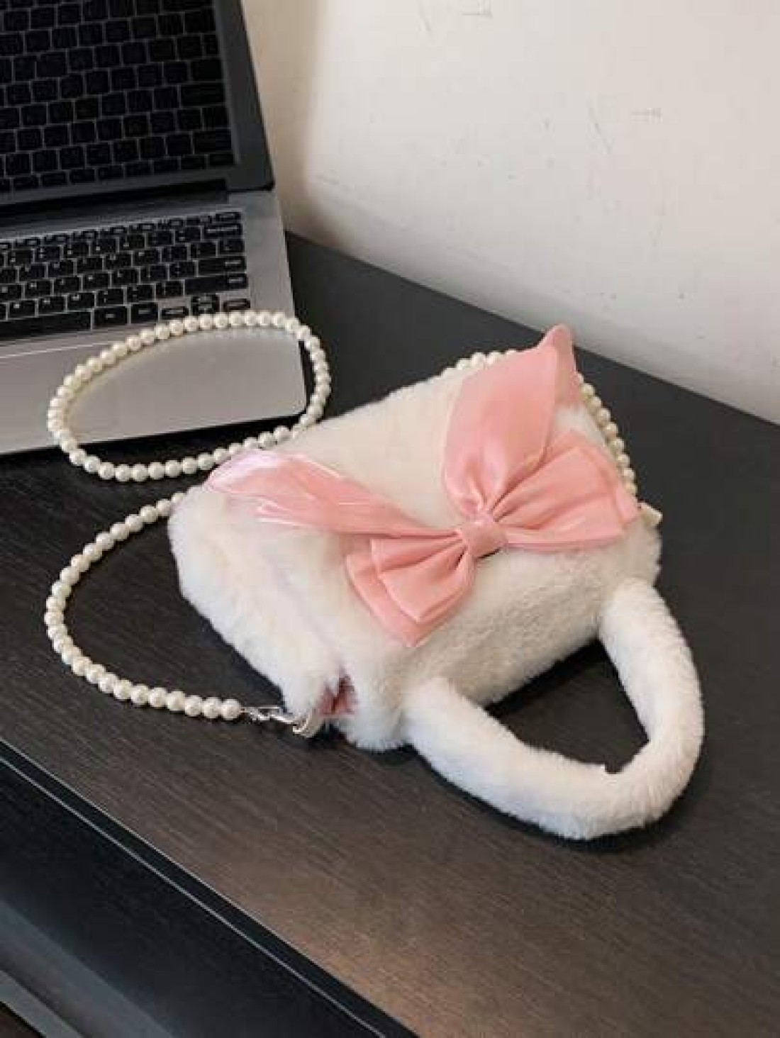 1 Pc Cute Mini Kids Pink Big Bow Soft Plush Handbag Fall Winter Pearl Shoulder Strap Crossbody Bag Lightweight Square Bags For Girls Students For Festivals Vacation Holiday Fashion Accessory