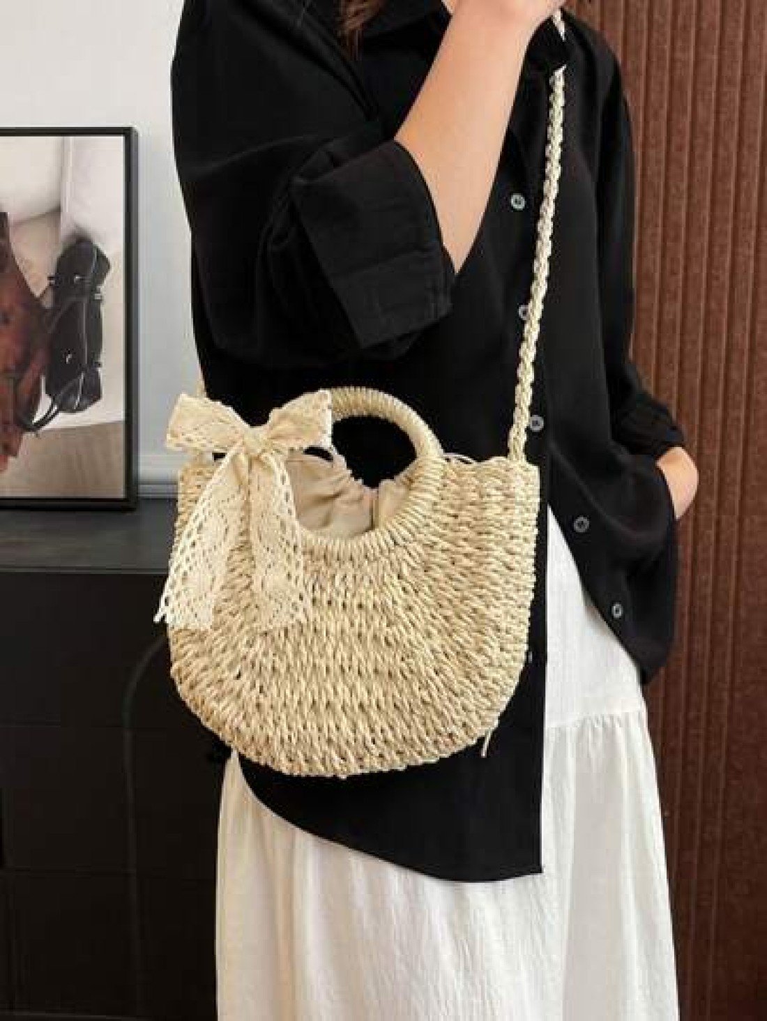 1pc Girls Vacation Style Drawstring Pockets Shoulder Handbag Casual Crossbody Bag Suitable For Summer Vacation