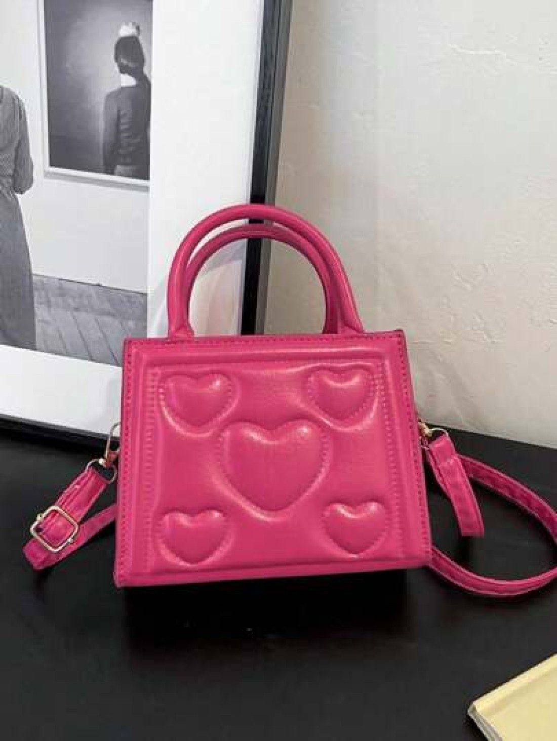 1pc Pu Zipper Opening And Closing Fashionable Small Fresh Love Indentation Handbag Korean Simple Solid Color Versatile Shoulder Messenger Bag Niche Design Comfortable Adjustable Shoulder Strap Versati