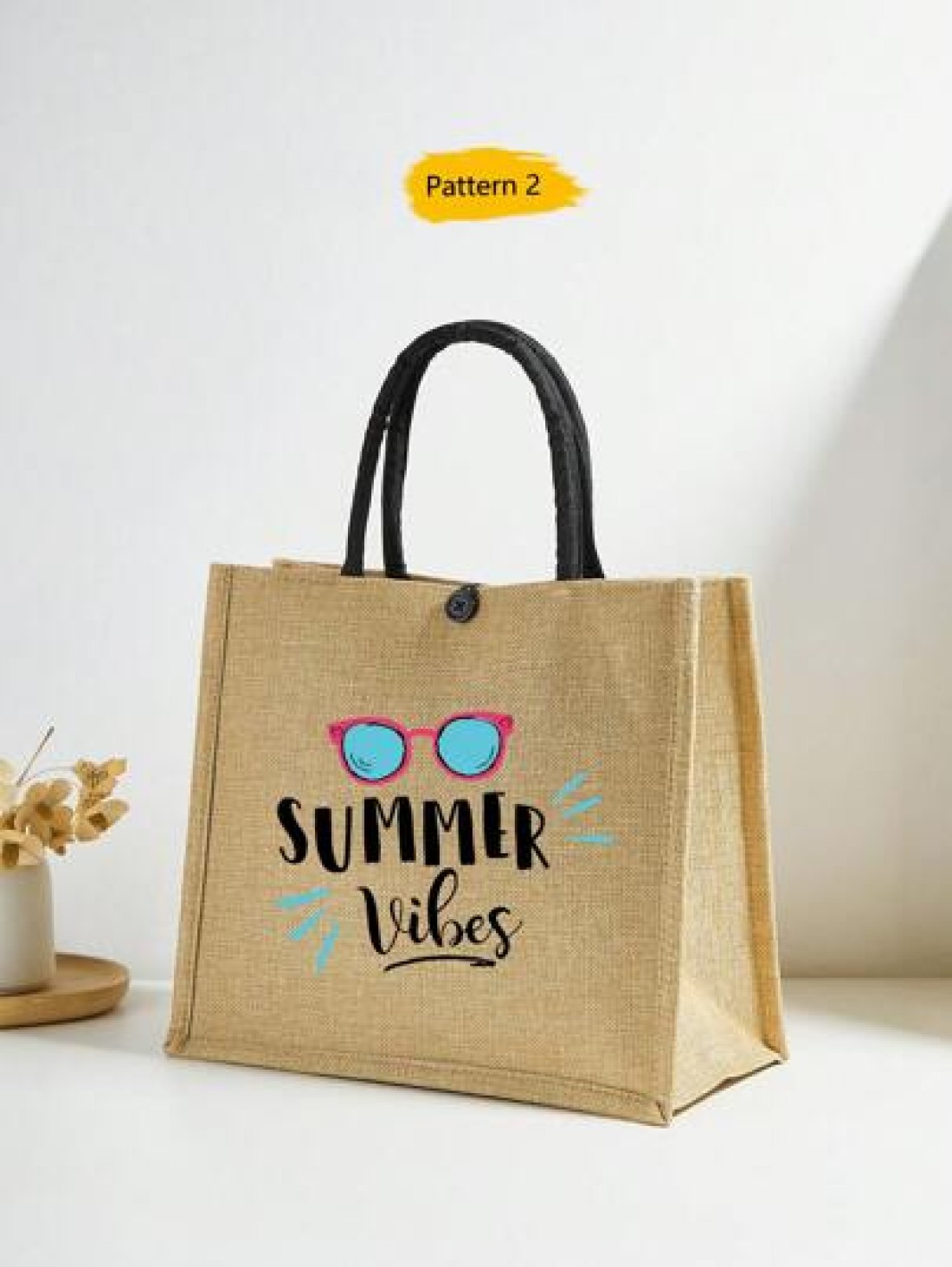 1 Pc Simple Linen Summer Element Print Tote Bag For Big Children Large Capacity Travel Bag Square Bag Gift Bag Shopping Bag Portable Button Closure Handbag For Daily Class And Back To School Shopping