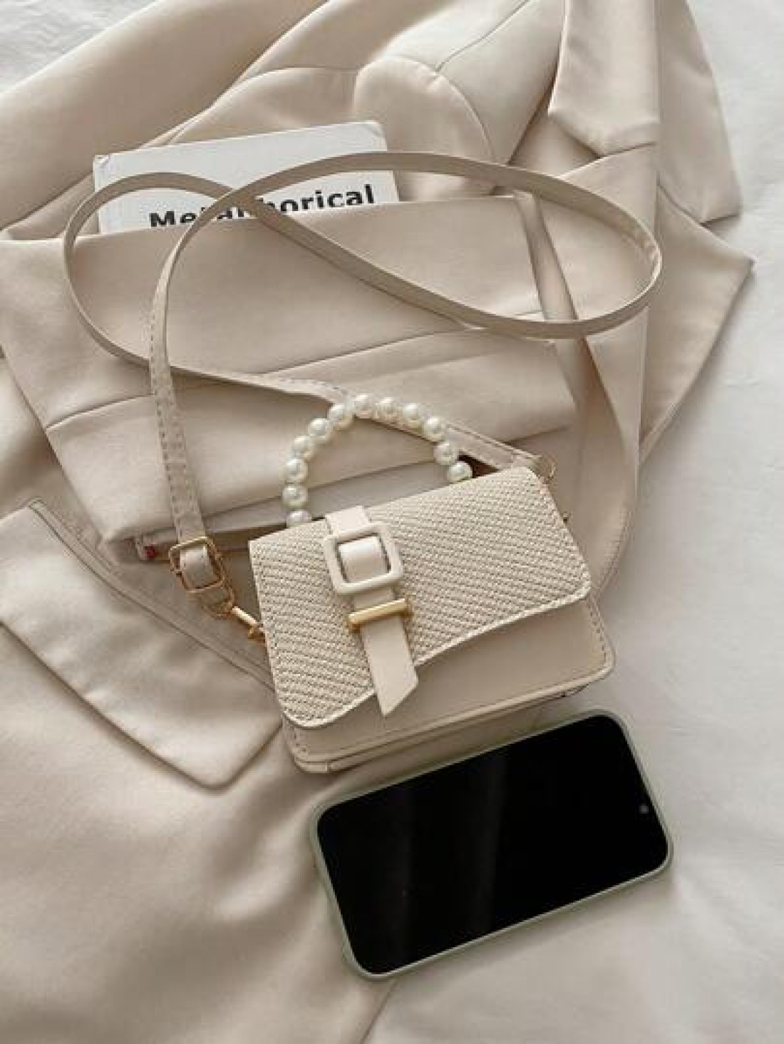 1pc Pu Fashion Splicing Pearl Chain Handbag Korean Princess Fashion Small Square Bag Flip Magnetic Buckle Closure Strap Decoration Niche Design Suitable For Daily Use When Shopping Sweet And Literary