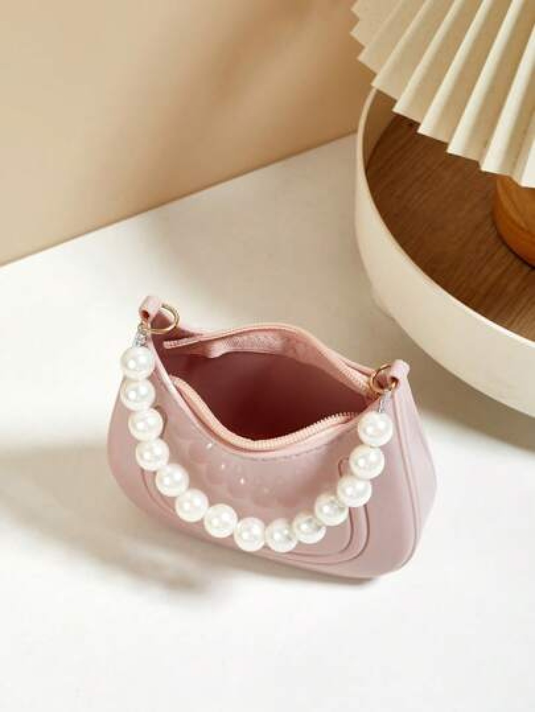 Mini Underarm Bag For Toddler Girls Pearl Decor Zipper Closure Handbag Lovely Gift Bag For Girls