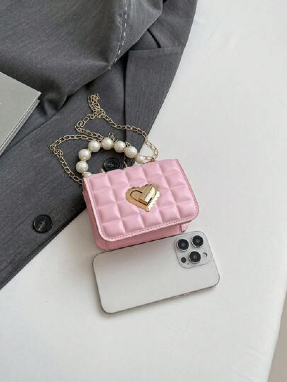 1pc Cute Sweet Messenger Bag Korean Style Fashion Coin Purse Solid Color Casual Pu Texture Small Square Bag Handbag Pearl Handle Chain Shoulder Strap Lock Buckle Fashion Chain Messenger Bag Fashion Pr
