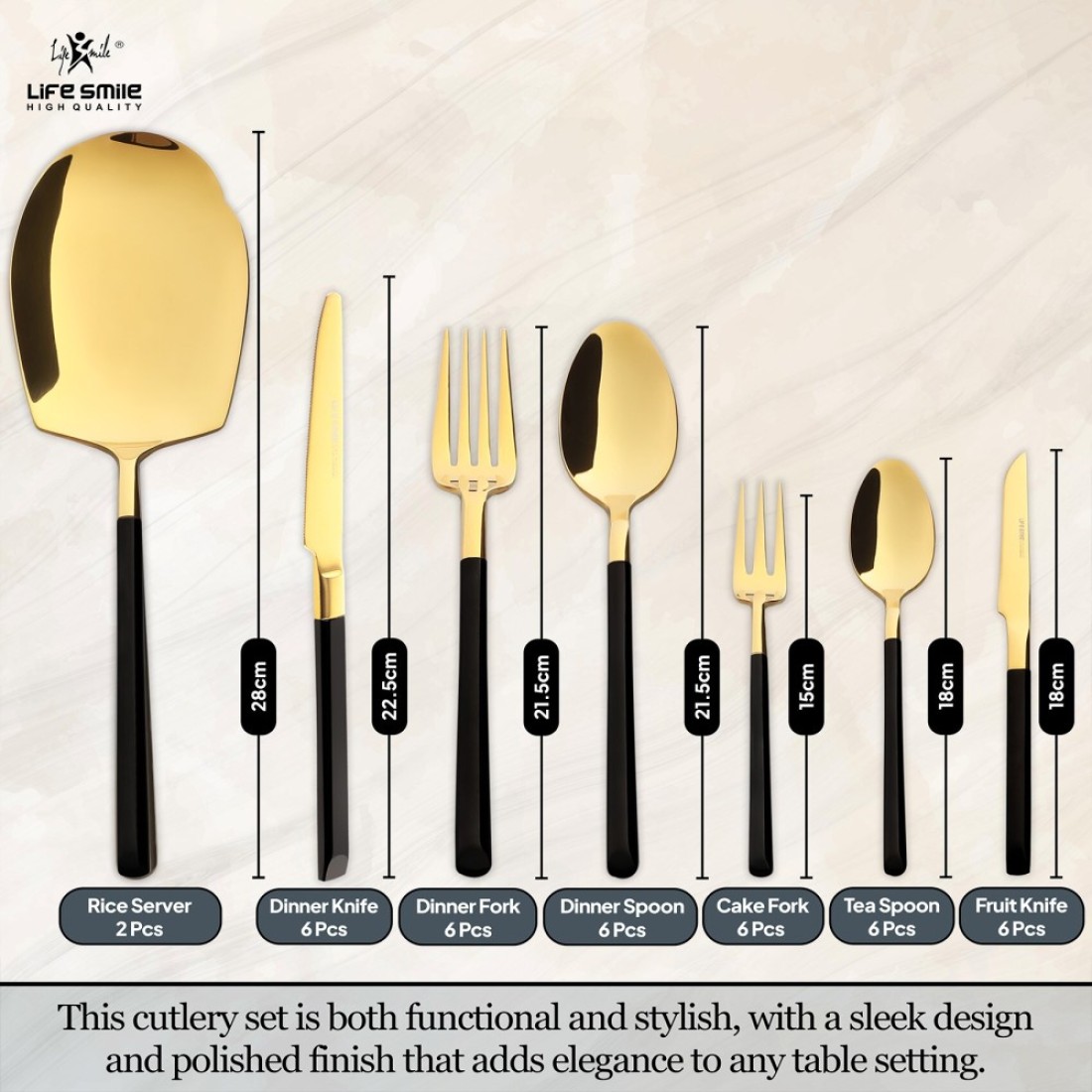 LIFE SMILE Cutlery Set, 18/10 Pure Stainless Steel Flatware Set with Stand, Rust Proof &amp; Fade Proof Dinnerware Set (SHINY GOLD HEAD &amp; SHINY BLACK HANDLE, 38 Pieces)