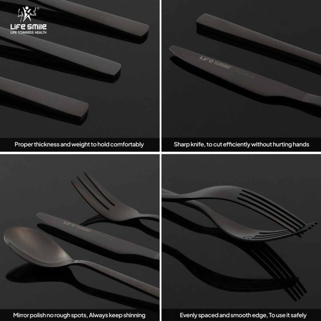 LIFE SMILE Cutlery Set, 18/10 Pure Stainless Steel Flatware Set with Stand, Rust Proof &amp; Fade Proof Dinnerware Set (SHINE BLACK, 38 Pieces)