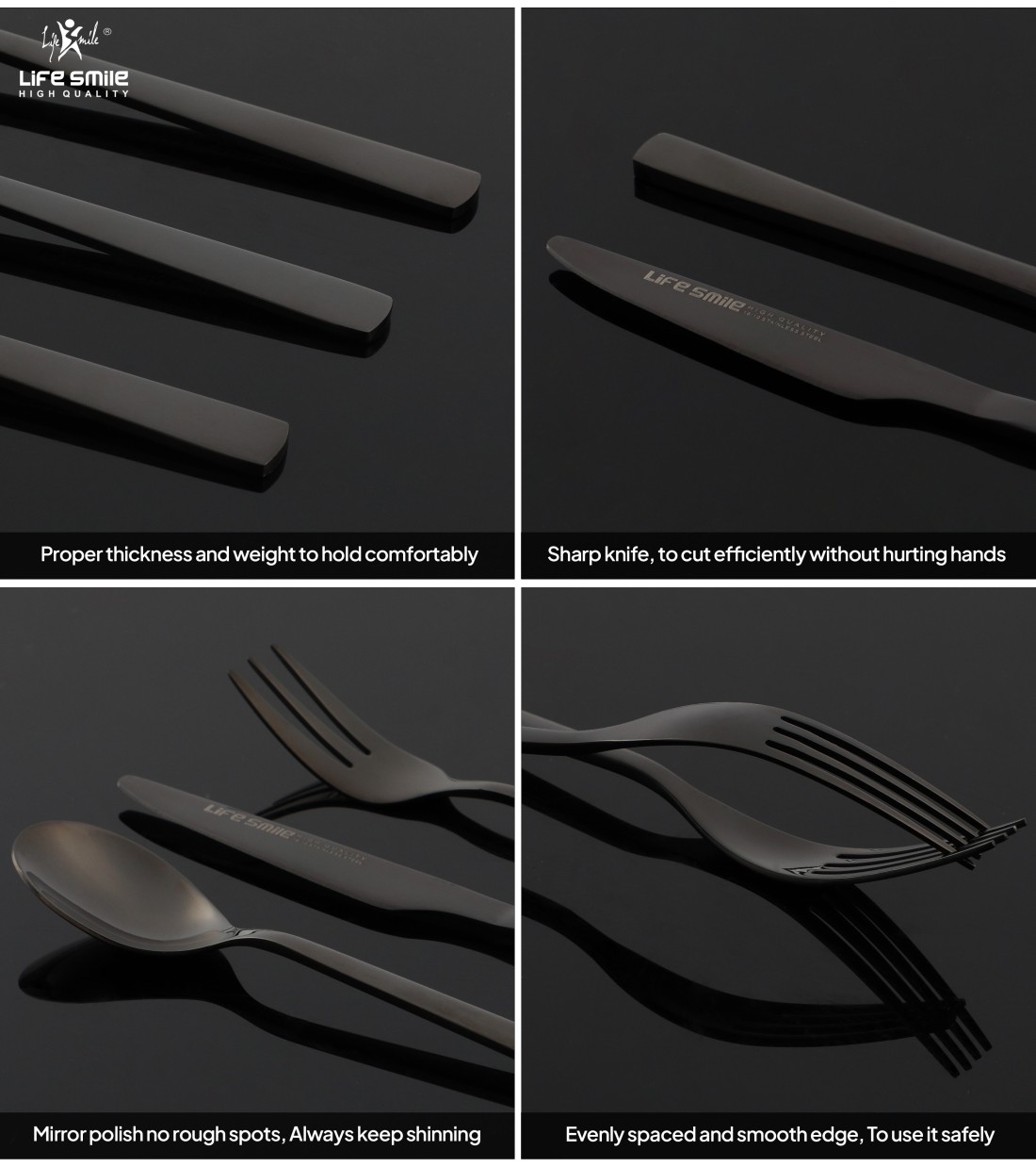 LIFE SMILE Cutlery Set, 18/10 Pure Stainless Steel Flatware Set with Stand, Rust Proof &amp; Fade Proof Dinnerware Set (SHINE BLACK, 88 Pieces)