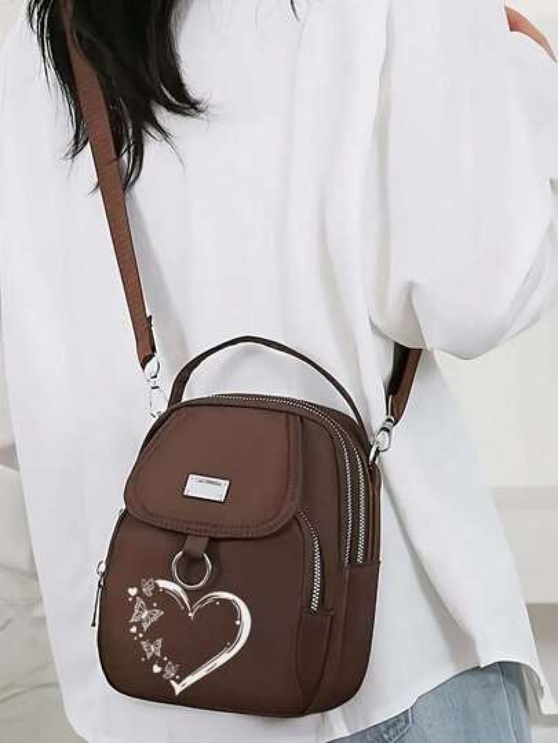 1pc Girl s Girl s Nylon Shoulder Bag With Heart And Butterfly Pattern Casual Mini Crossbody With Adjustable Strap Multi Layer External Headphone Hole Solid Color Secure Zip Closure Small Crossbody Bag