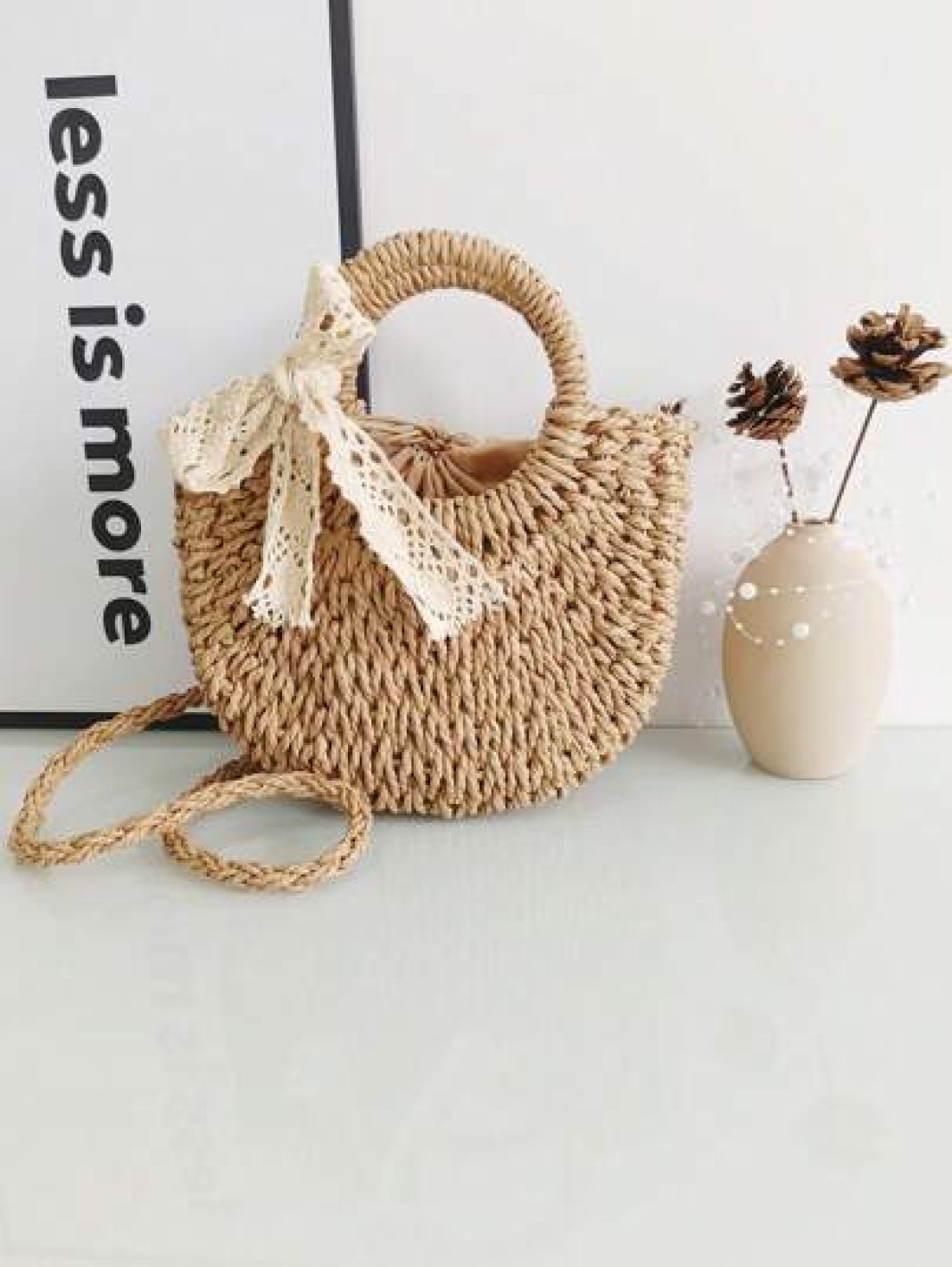 1pc Girls Beach Style Handbag Casual One Shoulder Crossbody Drawstring Top Tote Handmade Woven Butterfly Decor Straw Bag