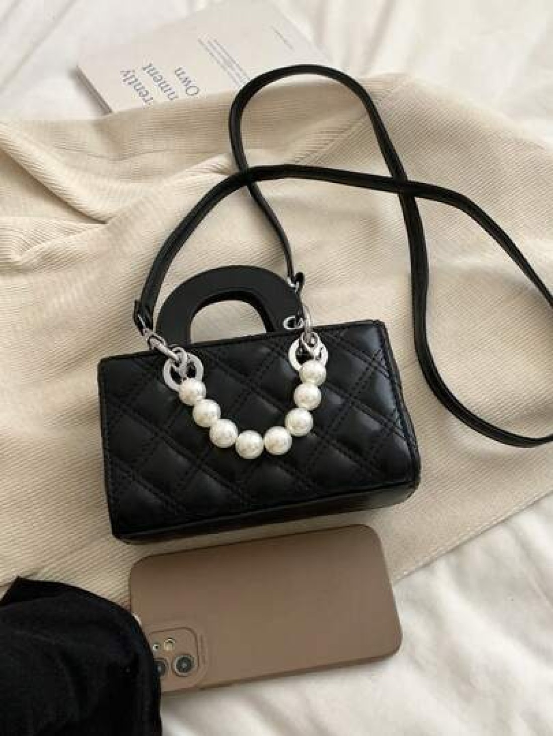 European American Style Embroidered Chain Strap Handbag With Pearls Small Crossbody Purse