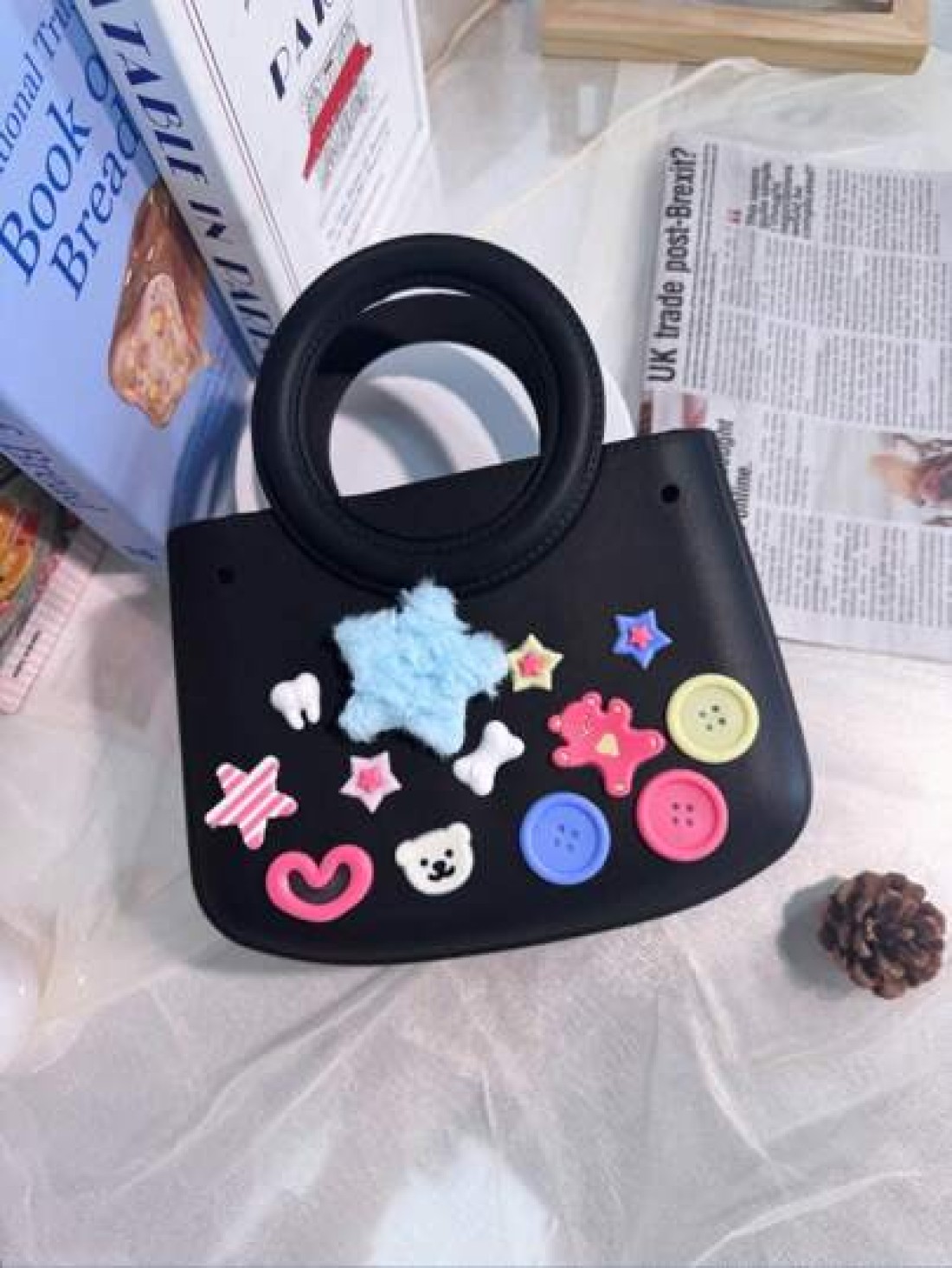 1pc EVA Solid Color Waterproof DIY Tote Bag Beach Basket Fashionable Hollow Out Travel Handbag