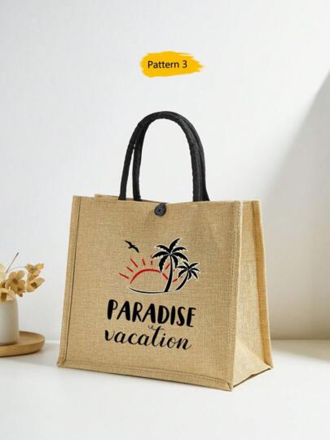 1 Pc Simple Linen Summer Element Print Tote Bag For Big Children Large Capacity Travel Bag Square Bag Gift Bag Shopping Bag Portable Button Closure Handbag For Daily Class And Back To School Shopping