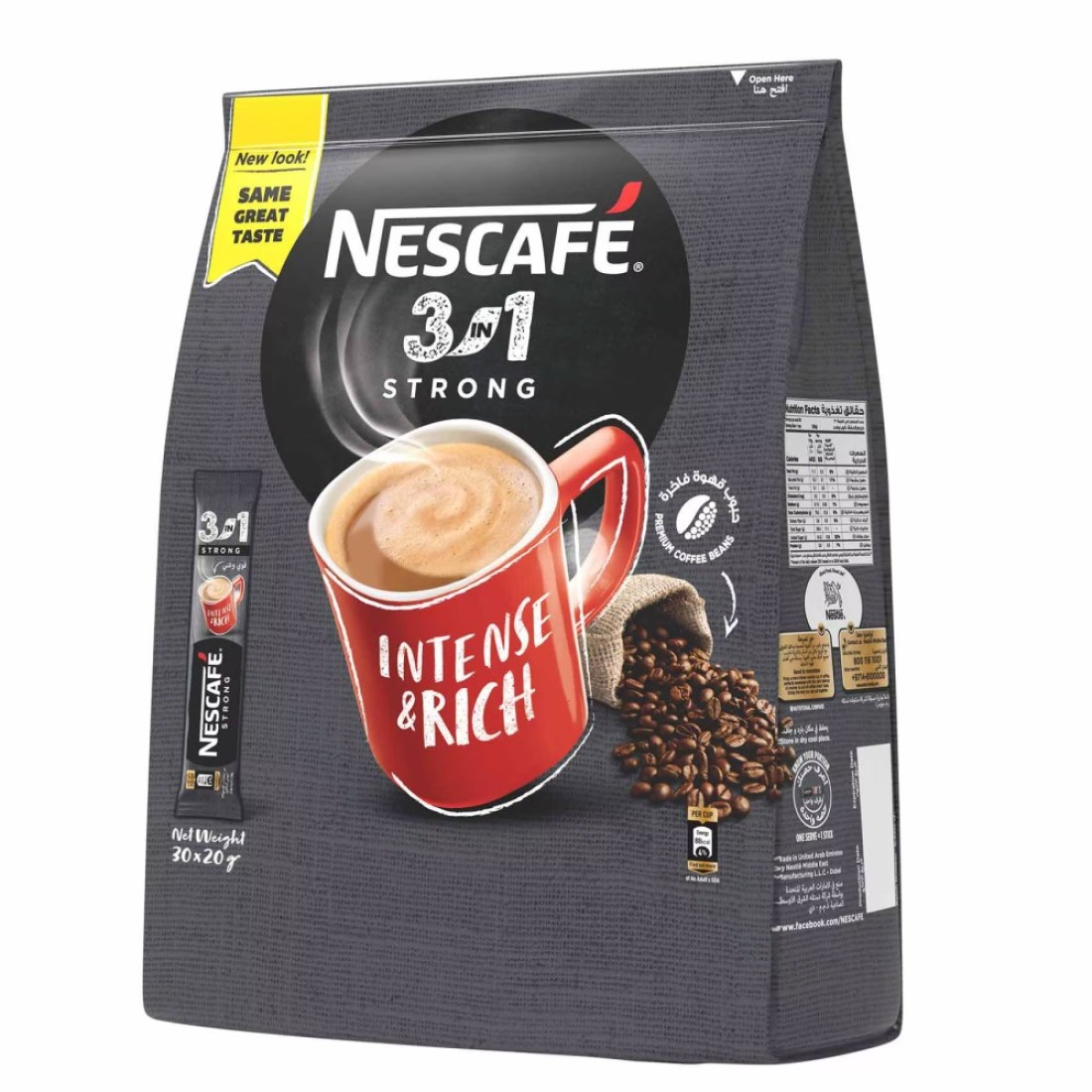 Nescafe 3-In-1 Strong Intense and Rich Instant Coffee Mix, 20g Pack of 30