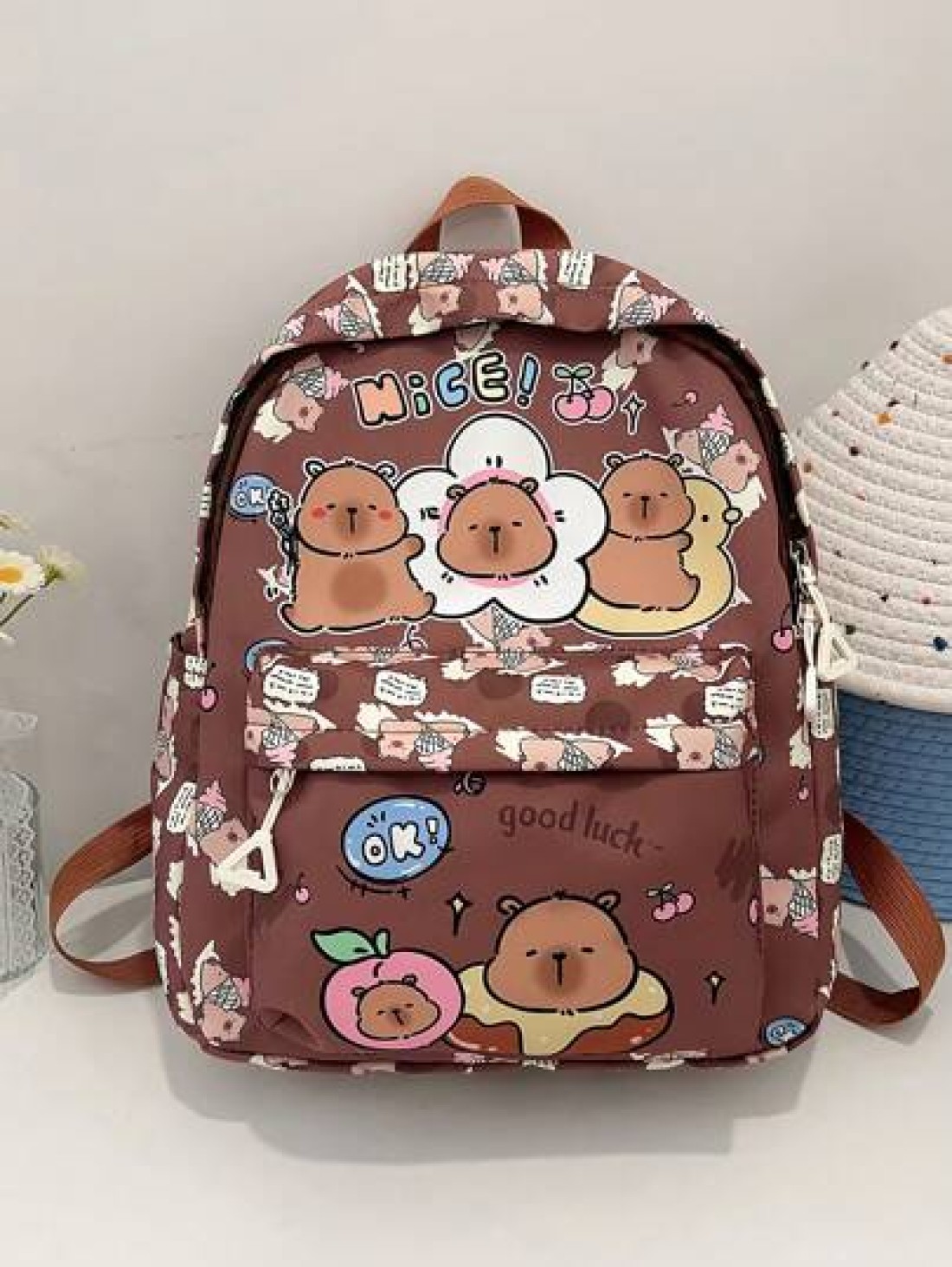 1pc Cute Capybara Backpack Cartoon Animal Print Casual Style Back To School Backpack With Zipper Closure And Adjustable Shoulder Straps Suitable For Campus And Travel