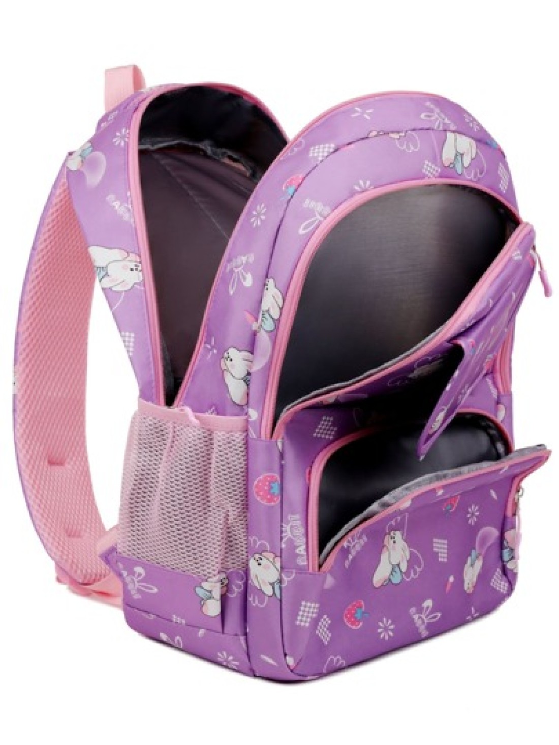 Girls Cute Double Shoulder Bags With Pen Pockets Featuring Rabbit Pattern Accents Commuting And Leisure Backpacks Available In Four Colors Black Blue Pink And Purple Adjustable Straps Large Capacity Z