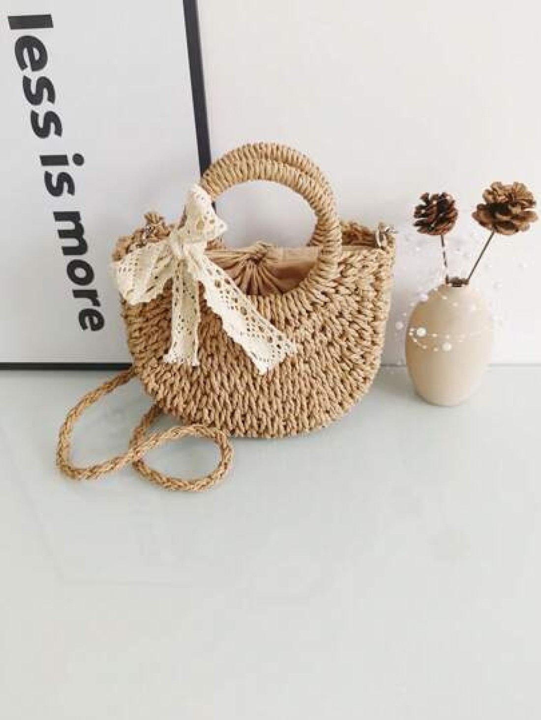 1pc Girls Beach Style Handbag Casual One Shoulder Crossbody Drawstring Top Tote Handmade Woven Butterfly Decor Straw Bag