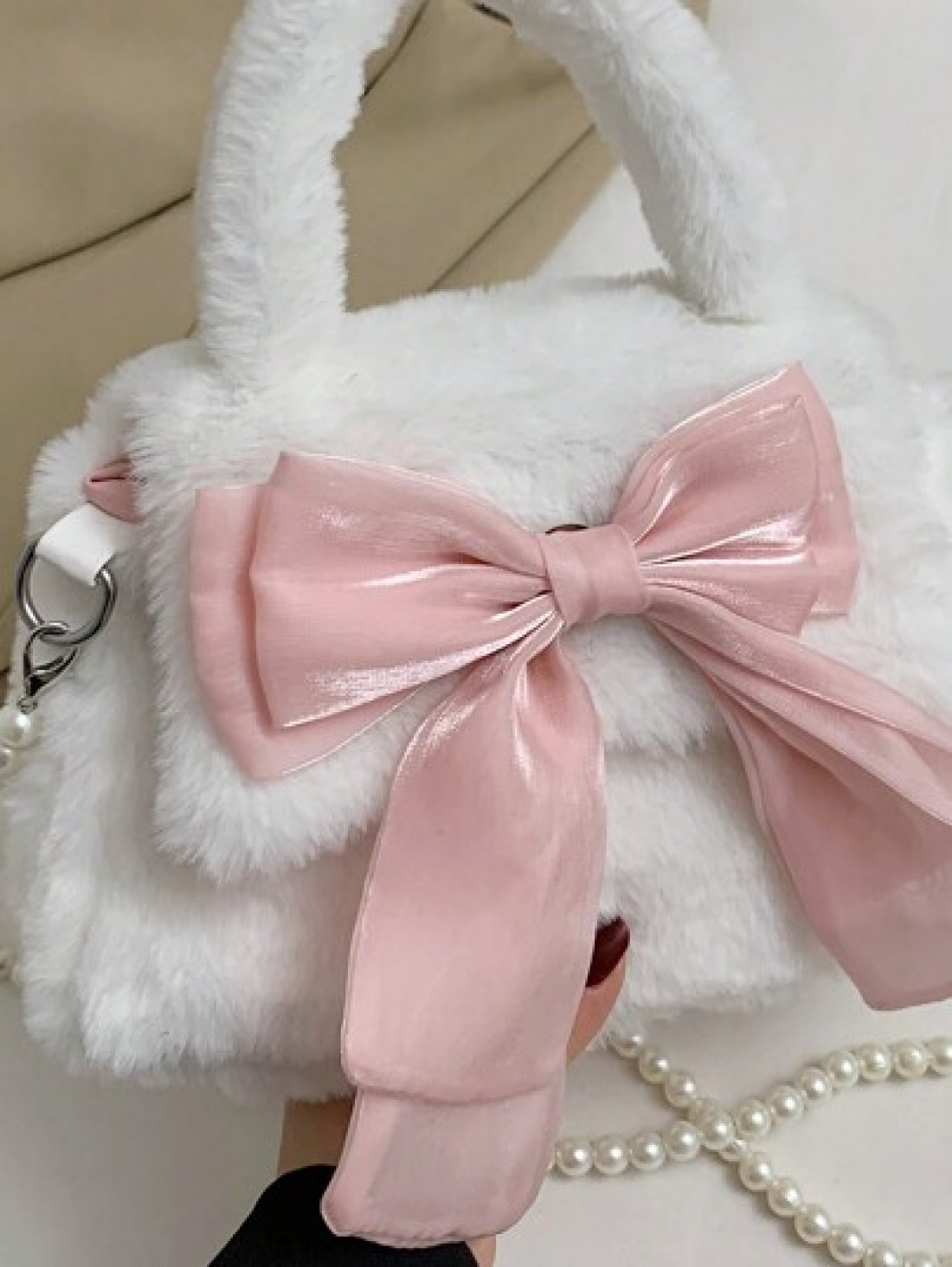 1 Pc Cute Mini Kids Pink Big Bow Soft Plush Handbag Fall Winter Pearl Shoulder Strap Crossbody Bag Lightweight Square Bags For Girls Students For Festivals Vacation Holiday Fashion Accessory