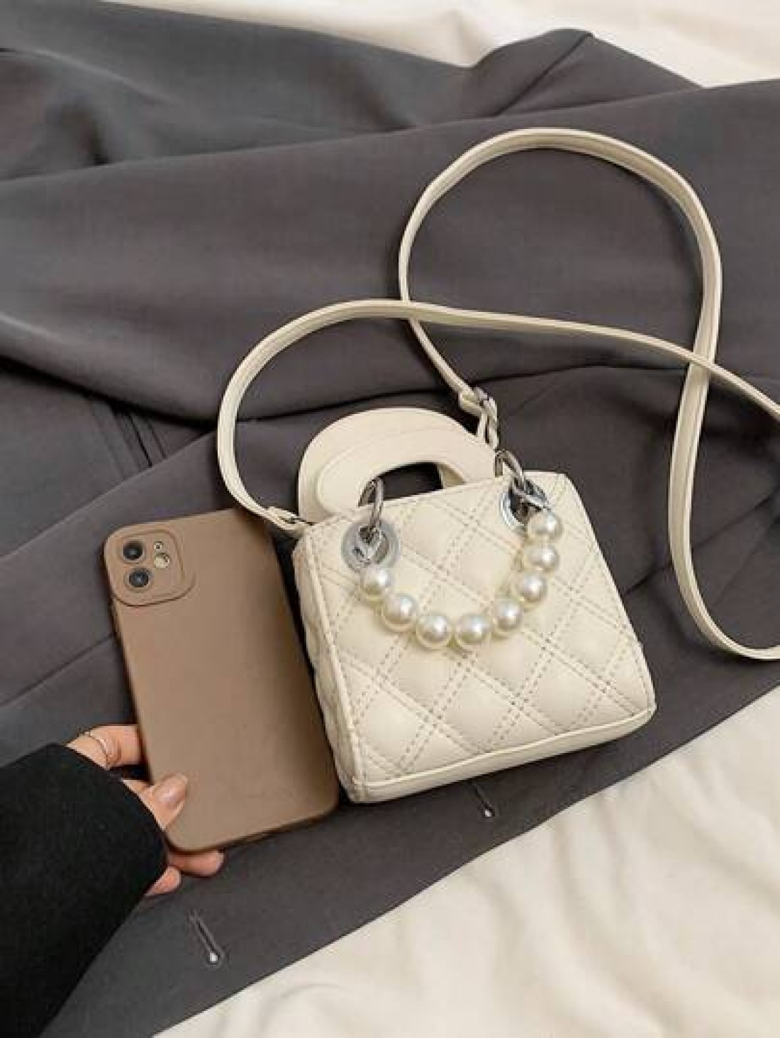 New Embroidered Pearl Chain Handbag Shoulder Bag Phone Mini Square Purse