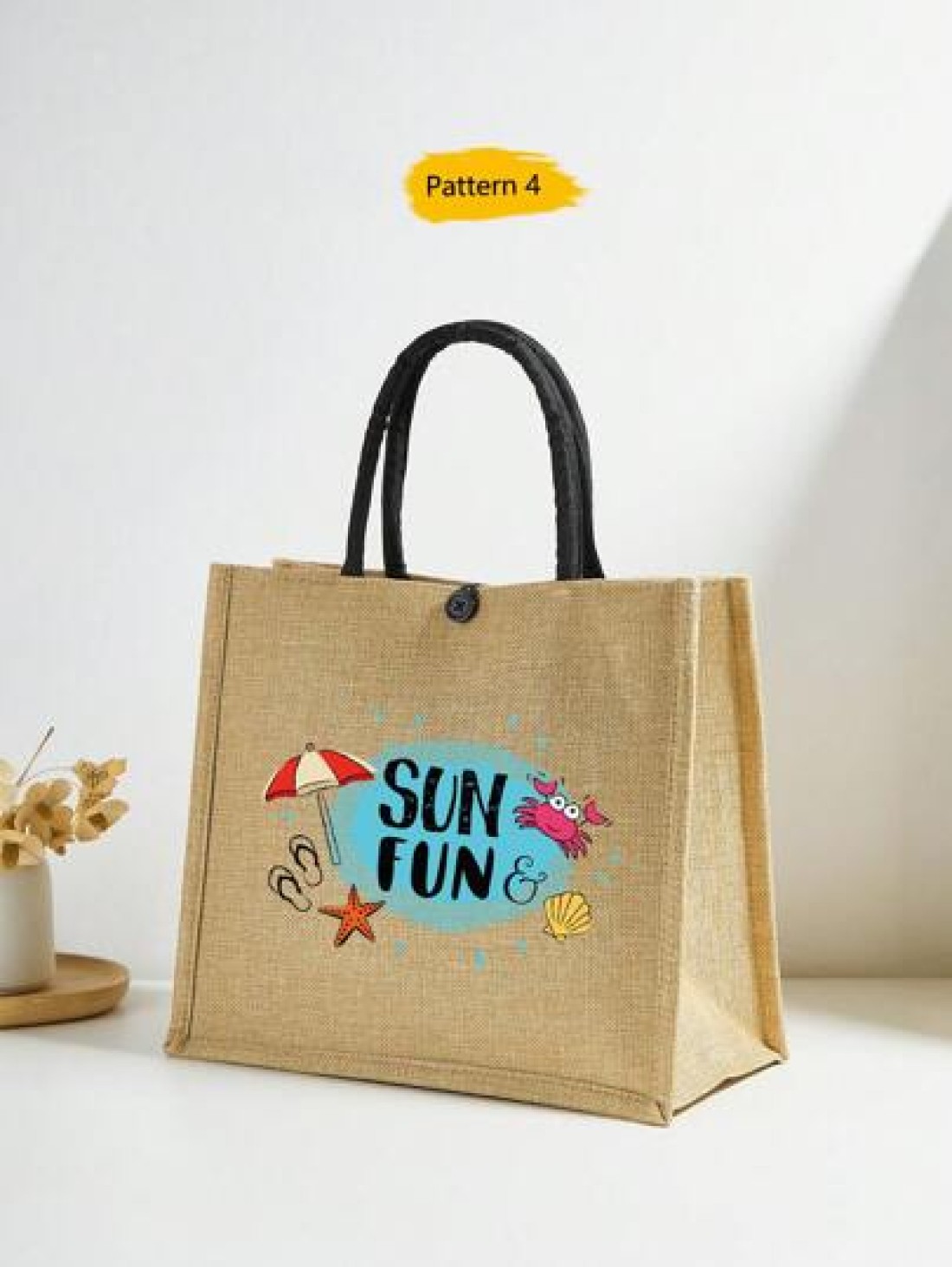 1 Pc Simple Linen Summer Element Print Tote Bag For Big Children Large Capacity Travel Bag Square Bag Gift Bag Shopping Bag Portable Button Closure Handbag For Daily Class And Back To School Shopping