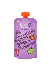 Ella&#39;s Kitchen Organic Super Smooth Sweet Potatoes, Pumpkin, Apples and Blueberries Puree, 4+ Months Baby Food, Gluten &amp; Dairy Free 120g