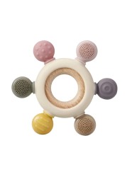 PandaEar Baby Teething Toys - Silicone Rudder Toy with Wooden Rings for Soothing Teething Pain Relief - Shower Gift for lnfants &amp; Toddlers 3+ Months (Pink)