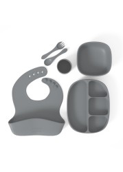 Muqee Peeko Baby Feeding Set 6 Piece Pebble Gray Includes Suction Bowl Plate Silicone Bib Spoon Fork for Toddlers Kids Dinnerware