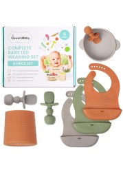 UpwardBaby Baby Led Weaning Feeding Supplies for Toddlers Baby Feeding Set Suction Silicone Baby Bowl Self Eating Utensils Set with Spoons Bibs Cups DishwasherSafe Infant Food Plate Kit
