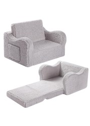 MOMCAYWEX Kids Chairs for Toddler, 2-in-1 Toddler Soft Sherpa Couch Fold Out, Convertible Sofa to Lounger for Girls and Boys, Grey