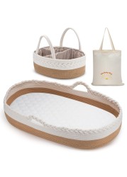 Baby Changing Basket by The Baby Wey, Moses Basket, Foam Basket Pad, 2 Washable Waterproof Pad Covers, Matching Diaper Caddy, Cloth Tote Bag for Traveling, Portable Changing Pad