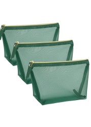 besharppin 3pcs Mesh Cosmetic Bags, Nylon Makeup Pouches with Leather Pull and Golden Zipper for Purse Diaper Bag (Emerald Green)